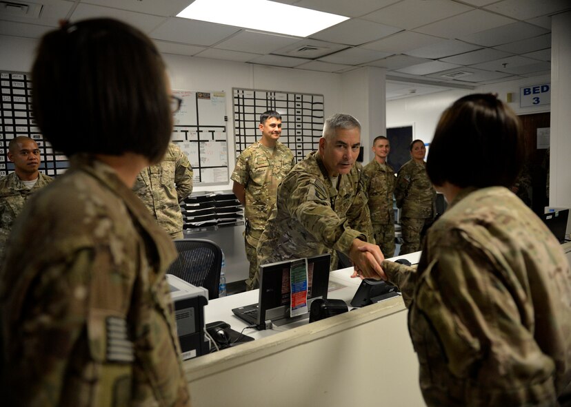 U.S. Army Gen. John Campbell, International Security Assistance Force and United States Forces- Afghanistan commander speaks to Airmen with the 455th Expeditionary Medical Group at Bagram Airfield, Afghanistan Oct. 12, 2014.  Campbell visited several units and thanked Airmen for their service.  (U.S. Air Force photo by Staff Sgt. Evelyn Chavez/Released)
