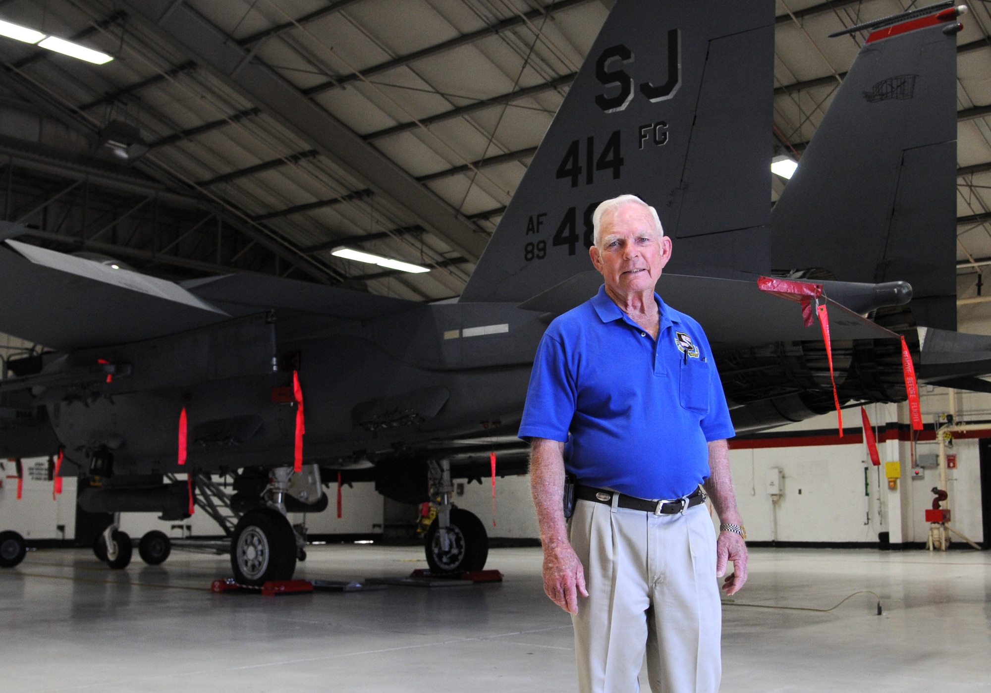 Retired Lt. Col. Robert Pardo in front of a 333rd Fighter Squadron F-15E Strike Eagle during a tour of Seymour Johnson Air Force Base, North Carolina, Oct. 10, 2014. Pardo is known for his “Pardo’s Push” maneuver as a 433rd Tactical Fighter Squadron F-4 Phantom pilot stationed at Ubon Royal Thai AFB, Thailand, when he saved another F-4 aircrew from having to eject in North Vietnam by pushing their plane in the air over the Laotian border and into relative safety. (U.S. Air Force photo/Airman 1st Class Ashley J. Thum)