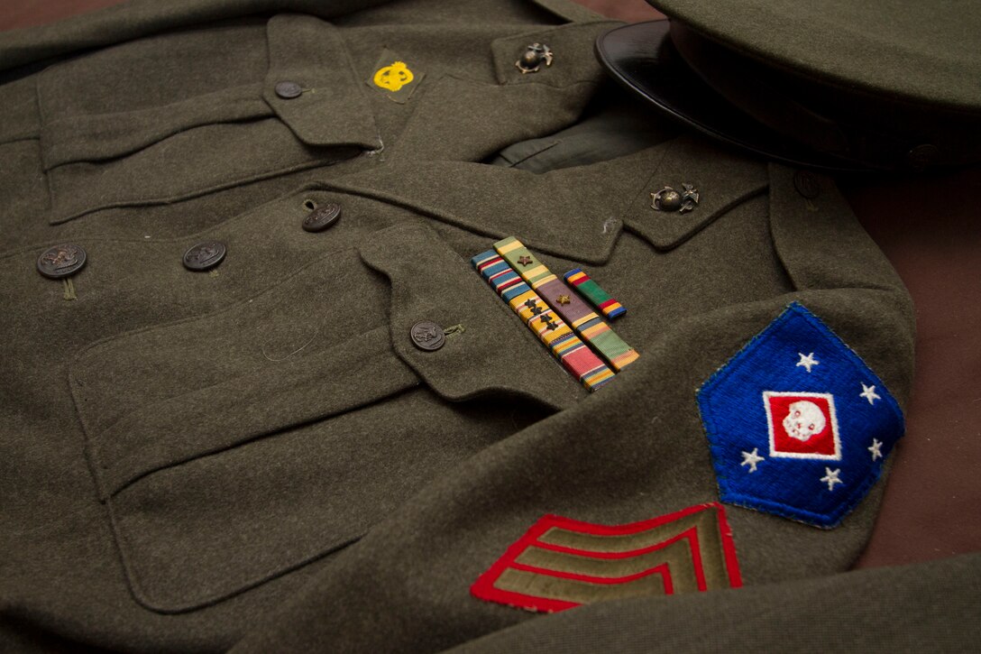 Sgt. Michael E. Banks still keeps his Marine Corps service uniform fresh nearly seventy years after he last wore it as an active duty Marine.  Banks served with the Marine Raiders from 1943-1945 during World War II.