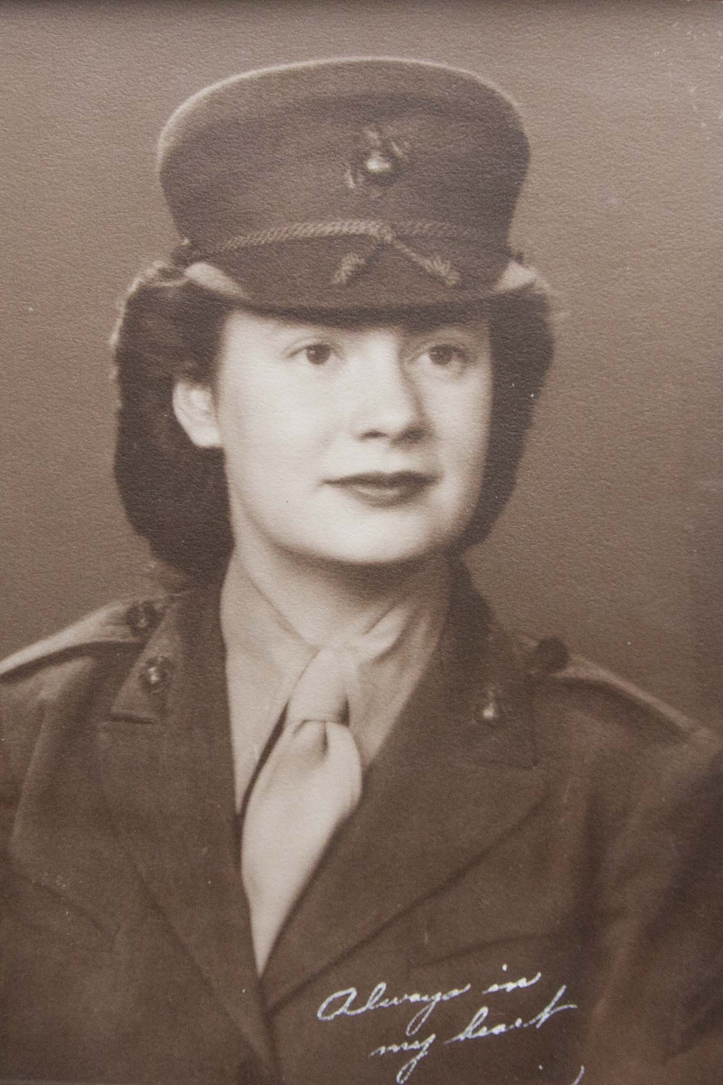 An old photograph of Georgina Banks hangs on the wall in Michael Banks’ living room in Berlin, Wis.  Georgina and Michael enlisted in the Marine Corps in 1943 during World War II.  Georgina was a huge support system for Michael during their time in the Marine Corps and helped him move on with life after the war.  