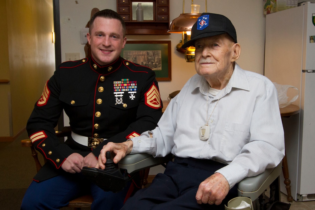 Staff Sgt. Peter Vargo, SNCOIC of Recruiting Substation Appleton, visited Sgt. Michael Banks at the Patriot Place in Berlin, Wis.  Banks served with the Marine Raiders from 1943-1945 during World War II.  He was awarded three Purple Hearts from injuries received in the war.