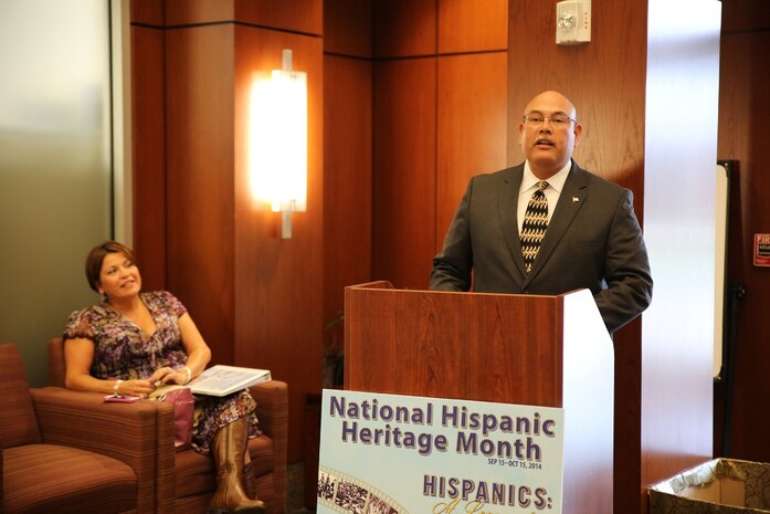 Donald Calero, Nicaragua native and Marine Corps veteran, speaks to attendees during Marine Corps Systems Command’s National Hispanic Heritage Month celebration Oct. 15 in Stafford, Virginia. The event, called “Fiesta of Flavors,” was hosted by MCSC’s Marine Air Ground Task Force Command, Control and Communications, or MC3, and featured a food tasting, trivia competition and Calero as the guest speaker. 