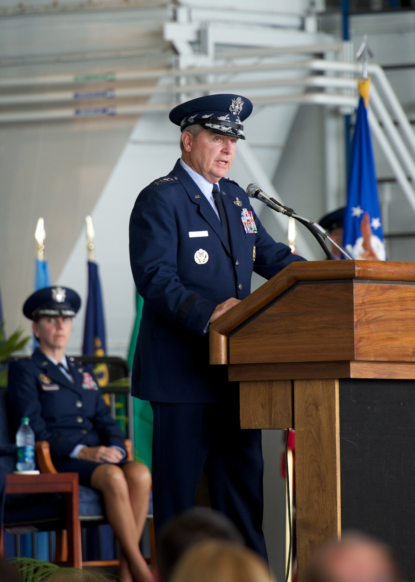 Air Force Chief of Staff Gen. Mark A. Welsh III addresses Pacific Air Forces Airmen during the PACAF change of command ceremony at Joint Base Pearl Harbor-Hickam, Hawaii, Oct. 16, 2014. Welsh presided over the ceremony in which Gen. Lori Robinson too command from Gen. Hawk Carlisle. (U.S. Air Force photo by Capt. Raymond Geoffroy/Released)
