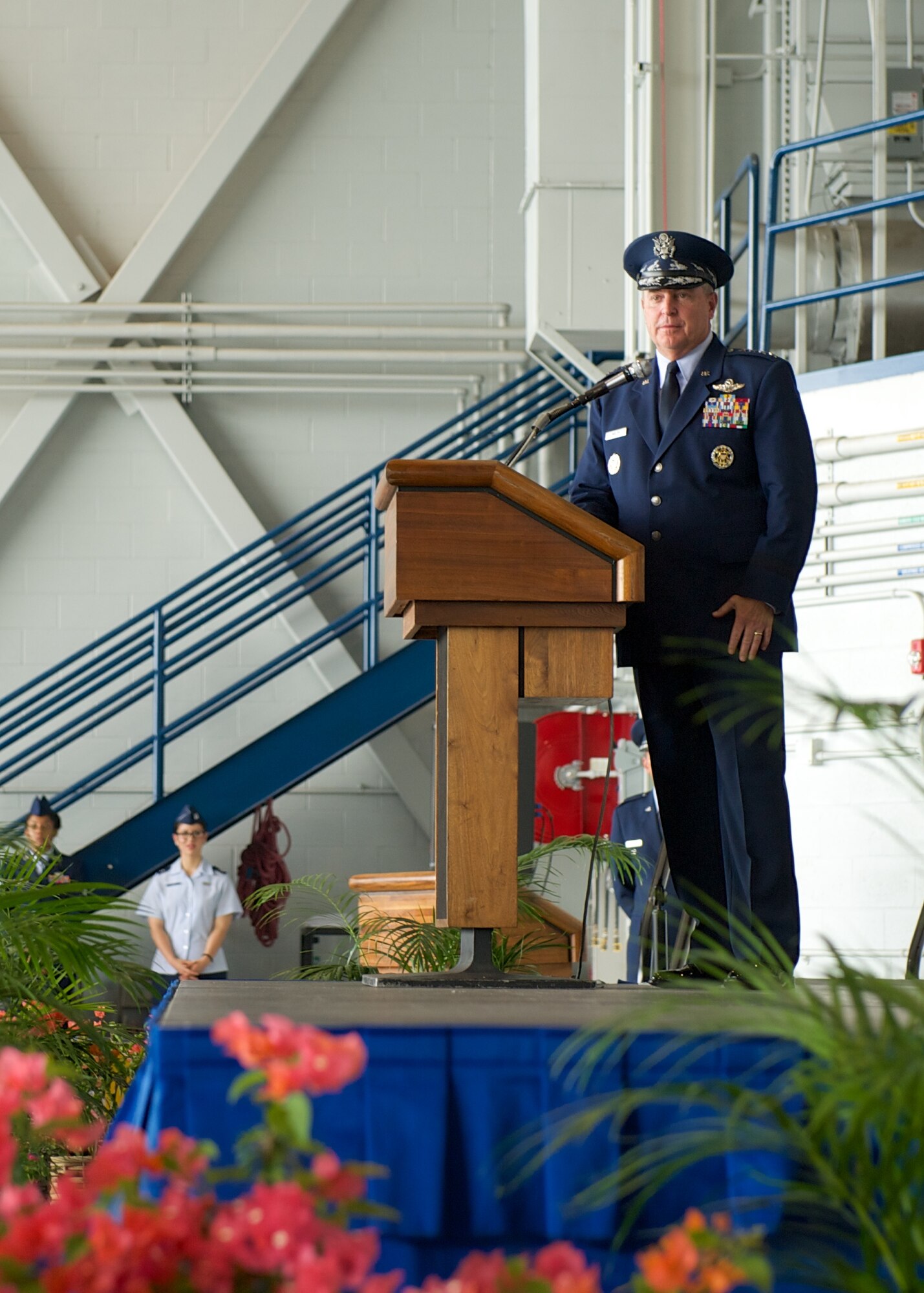 Air Force Chief of Staff Gen. Mark A. Welsh III addresses Pacific Air Forces Airmen during the PACAF change of command ceremony at Joint Base Pearl Harbor-Hickam, Hawaii, Oct. 16, 2014. Welsh presided overthe ceremony in which Gen. Lori Robinson too command from Gen. Hawk Carlisle. (U.S. Air Force photo by Tech. Sgt. James Stewart/Released)