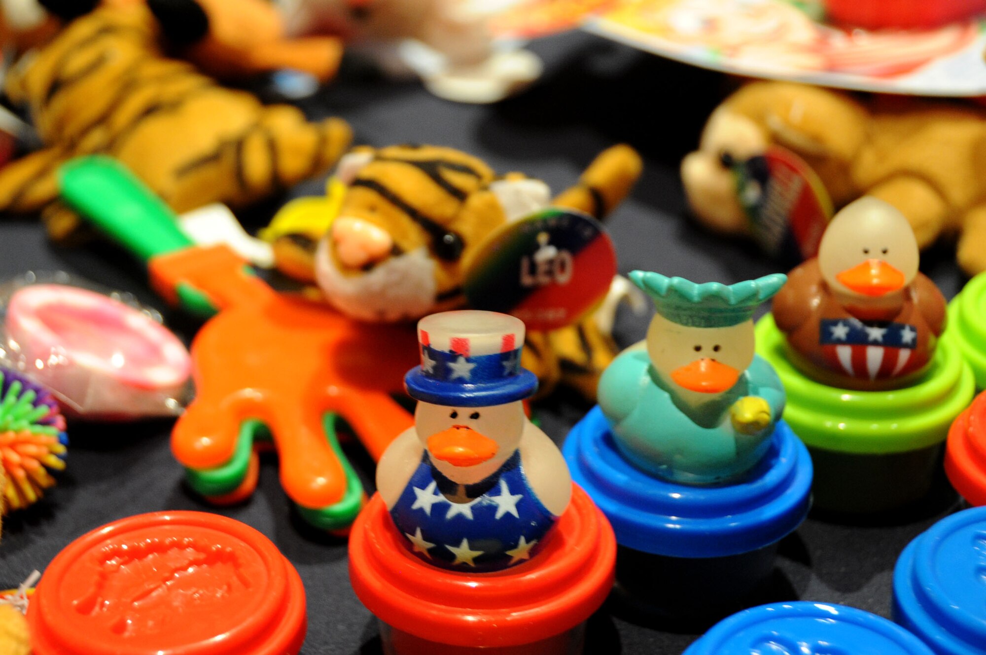 Toys are displayed during a toy drive benefitting military families at Aliante Hotel and Casino Oct. 15, 2014, in Las Vegas.  The USO Las Vegas partners with local businesses to host approximately 25 fundraisers annually for service members and their families. (U.S. Air Force photo by Capt. Stephani Schafer/released)