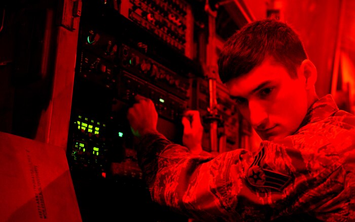 U.S. Air Force Senior Airman John Moore, 437th Aircraft Maintenance Squadron, Viper Support Flight rails specialist, conducts an Aerial Delivery System check to a C-17 Globemaster III, Sept. 30, 2014, at Joint Base Charleston, S.C. Moore ensured the rails on the C-17 are flush with the floor; during the inspection the Airmen are required to manually lift the rails to ensure they all work. (U.S. Air Force photo by Senior Airman Daniel Hughes)