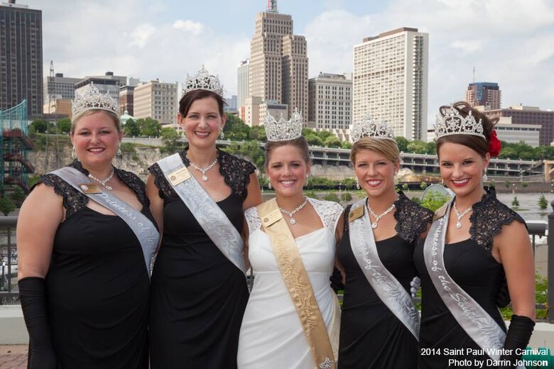 From left, North Wind Princess, Elizabeth Carlson; East wind Princess Christine Schrader; Queen of the Snows, Abby Hoglin; West Wind Princess, Abby Massee and South Wind Princess, Ashley Galloway pose in front of the St. Paul, Minn. skyline. (Courtesy photo)