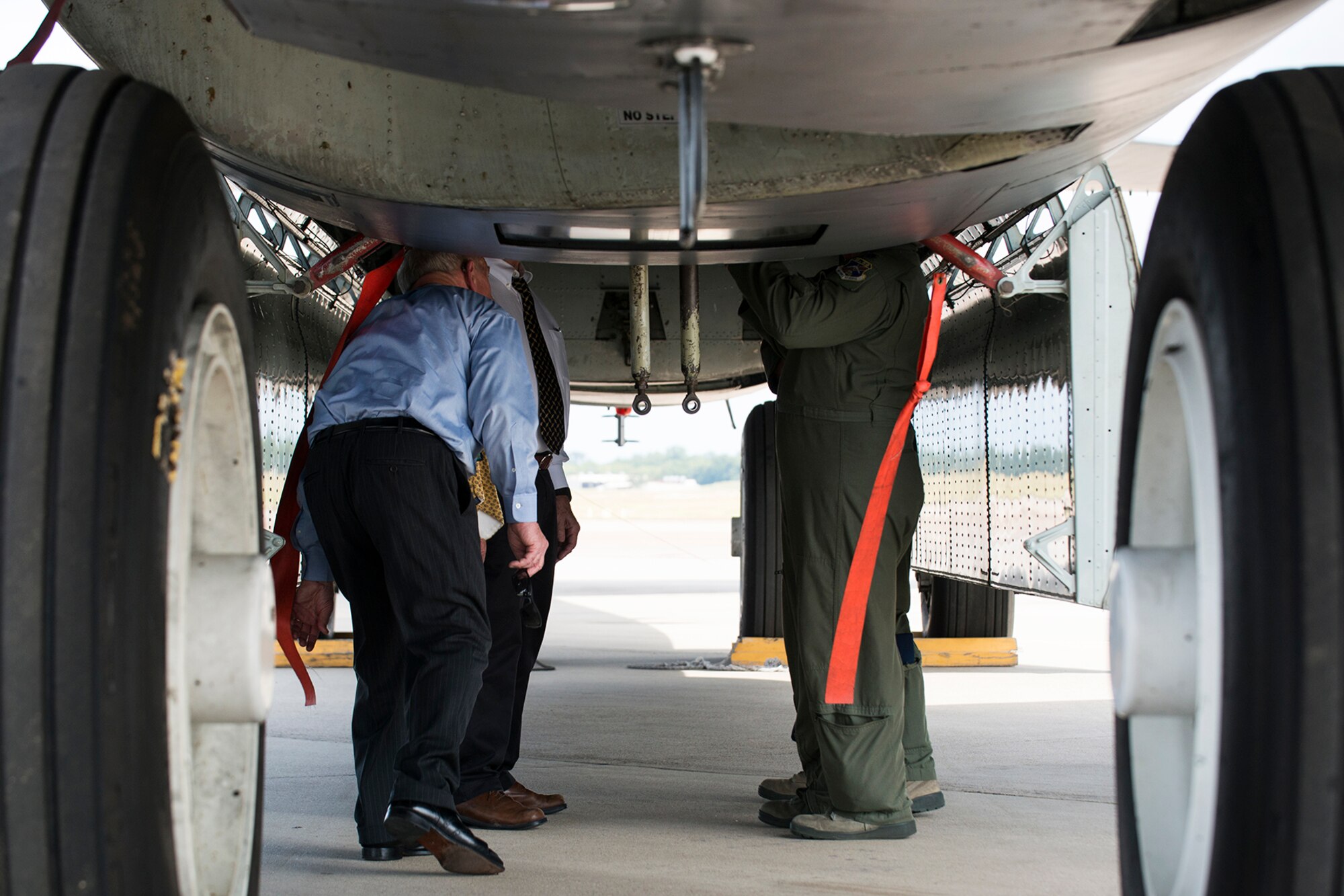 Retired General James Jamerson and Walter Slocombe tour the bomb bay of a 307th Bomb Wing B-52H Stratofortress during a tour on Oct. 8, 2014, Barksdale Air Force Base, La. Slocombe, a former Under Secretary of Defense of Policy for the U.S. Department of Defense, and Jamerson, the former deputy commander in chief of the U.S. European Command, visited Barksdale to attend the Unified Engagement Global Strike Workshop. (U.S. Air Force photo by Master Sgt. Greg Steele/Released)