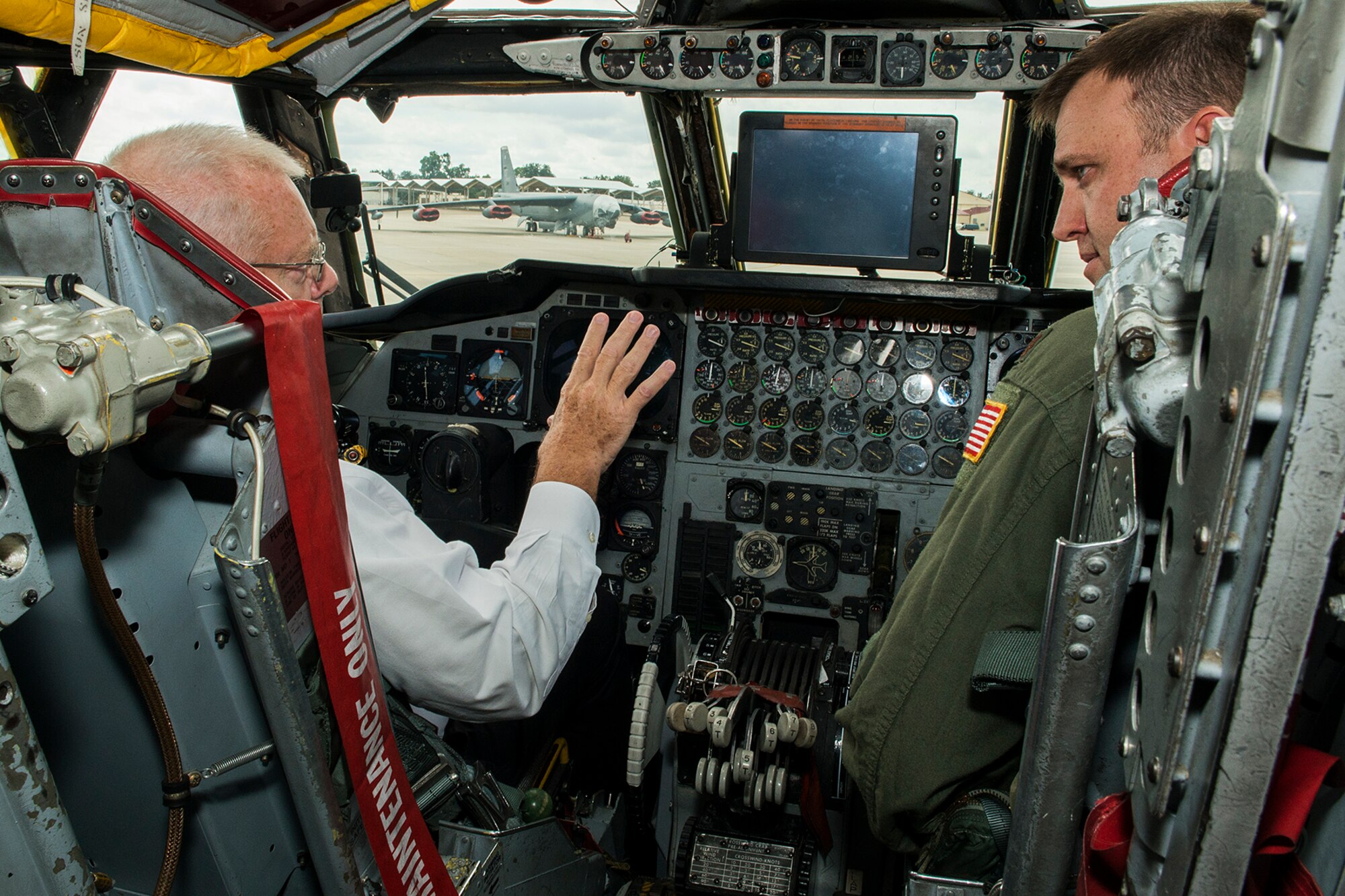 Walter Slocombe (left) gets a tour of the cockpit of a 307th Bomb Wing B-52H Stratofortress on Oct. 8, 2014, Barksdale Air Force Base, La. Slocombe is a former Under Secretary of Defense of Policy for the U.S. Department of Defense and visited Barksdale to attend the Unified Engagement Global Strike Workshop. (U.S. Air Force photo by Master Sgt. Greg Steele/Released)