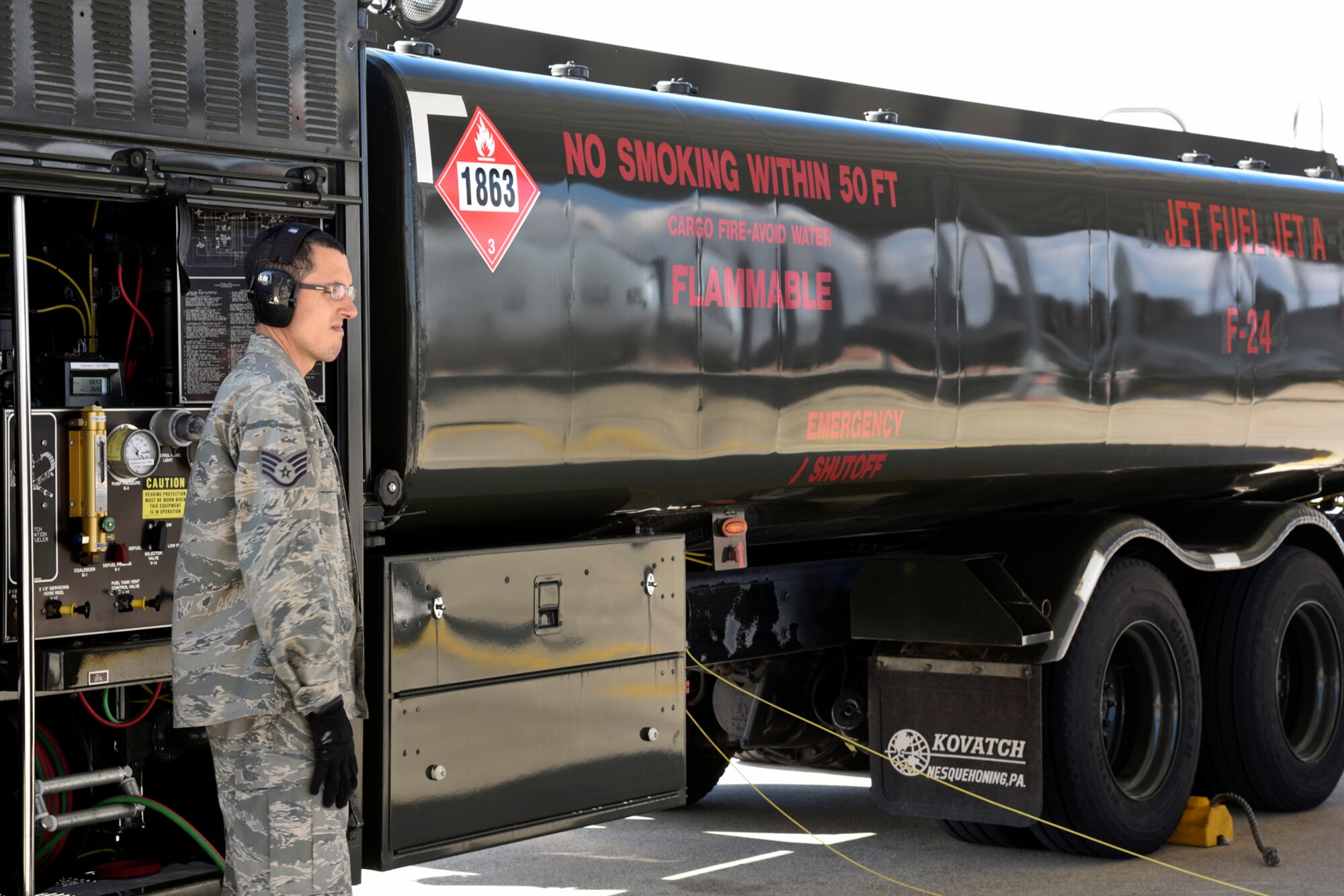 141015-Z-MI929-015 -- Staff Sgt. Daniel Vergun operates an R-11 fueling truck at Selfridge Air National Guard Base, Oct. 15, 2014. The truck is filled with Jet A+ fuel after Selfridge recently made a switch from using JP-8, a change that is being made across the Department of Defense. (U.S. Air National Guard photo by Terry Atwell)