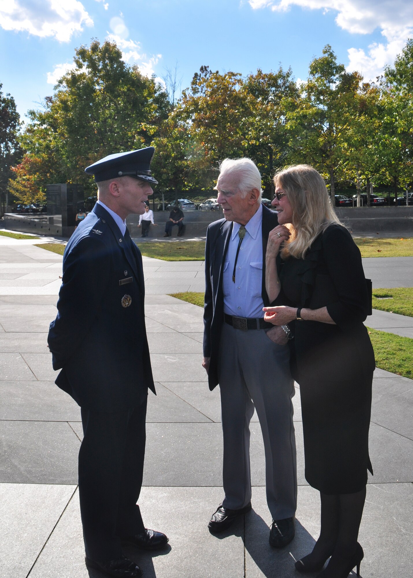 Col. Patrick Rhatigan, 19th Airlift Wing commander, speaks with retired Col. John P. Doolittle and Jonna Doolittle-Hoppes, son and granddaughter of Gen. Doolittle, at the Air Force Memorial Oct. 8, 2014, in Arlington, Virginia. The 19th AW was presented the James H. “Jimmy” Doolittle Award by the Air Force Historical Foundation for significant contributions to airpower history.  (U.S. Air Force photo by 1st Lt. Amanda Porter)