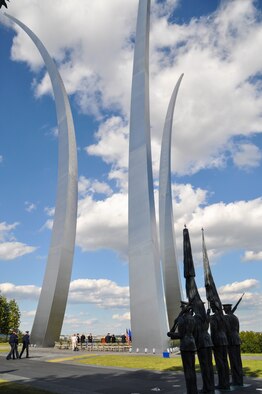 Team Little Rock members and distinguished guests prepare for the James H. “Jimmy” Doolittle Award presentation ceremony at the Air Force Memorial Oct. 8, 2014, in Arlington, Virginia. The Air Force Memorial honors the service of the personnel of the United States Air Force and its predecessors. (U.S. Air Force photo by 1st Lt. Amanda Porter)