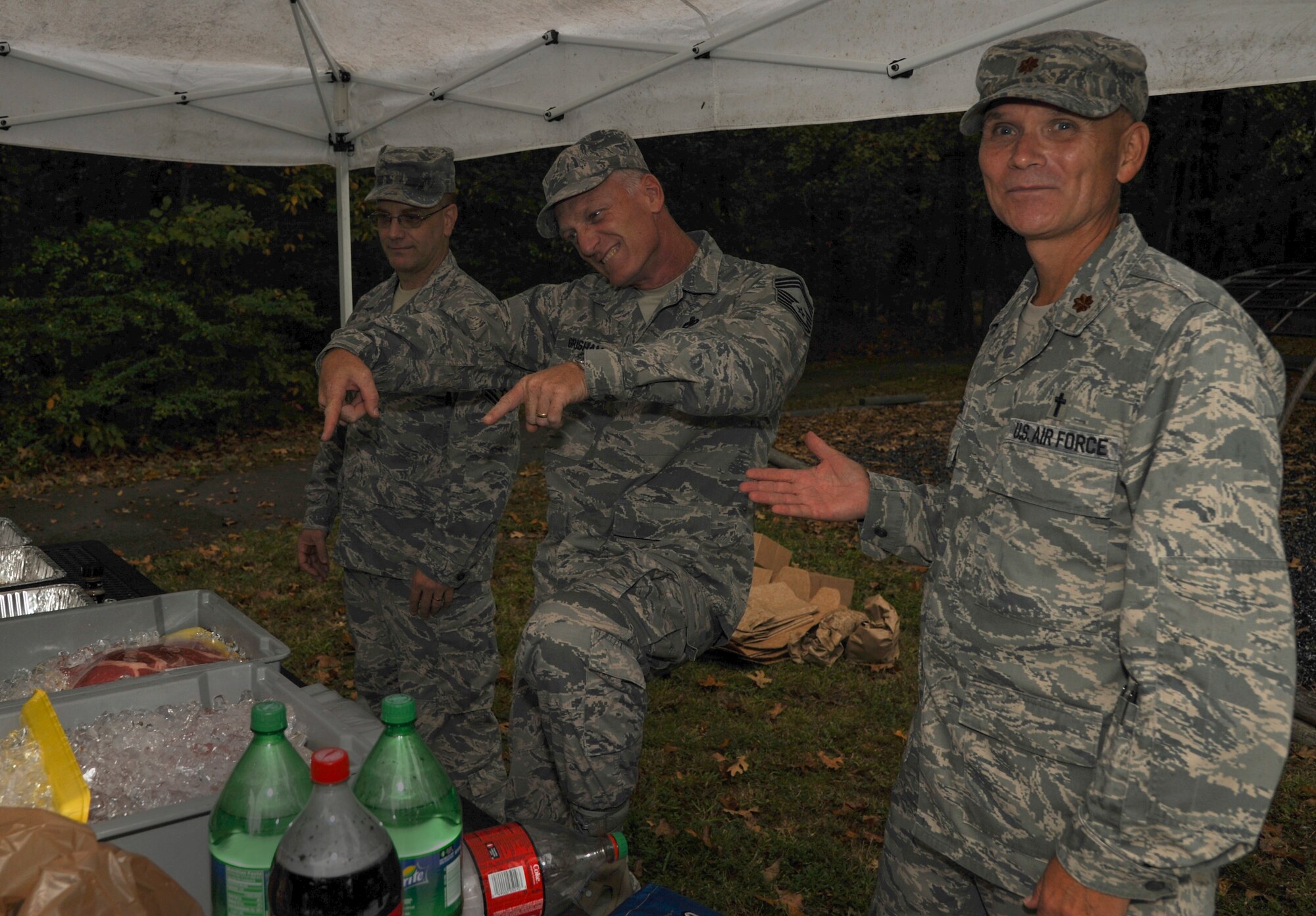 Maj. Randy Sellers, 19th Airlift Wing head chaplain, smiles after speaking with members of the Chiefs’ Group Oct. 8, 2014, at Little Rock Air Force Base, Ark. Sellers was helping with a fundraising event hosted by the Chiefs’ Group. (U.S. Air Force photo by Airman 1st Class Harry Brexel)