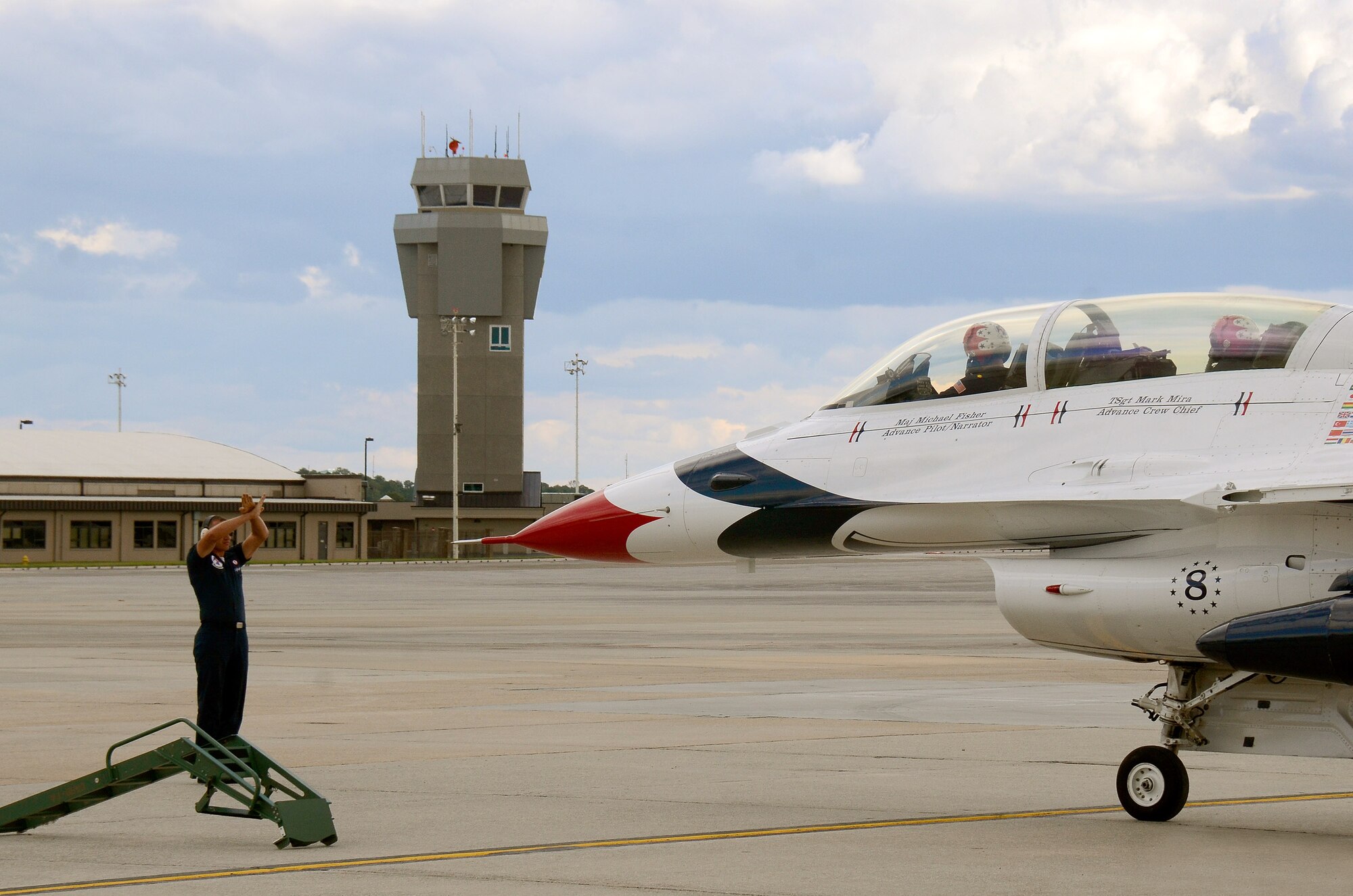 U.S. Air Force Thunderbird Maj. Michael Fisher arrives at Dobbins Air Reserve Base, Ga., Oct., 15 in preparation for the Wings Over North Georgia Airshow in Rome, Ga. Fisher is the advance pilot and narrator for the Air Demonstration Squadron Thunderbirds, who will be conducting hometown hero flights, and performing at the Russell Regional Airport Oct. 18 and 19. (U.S. Air Force photo/Brad Fallin)