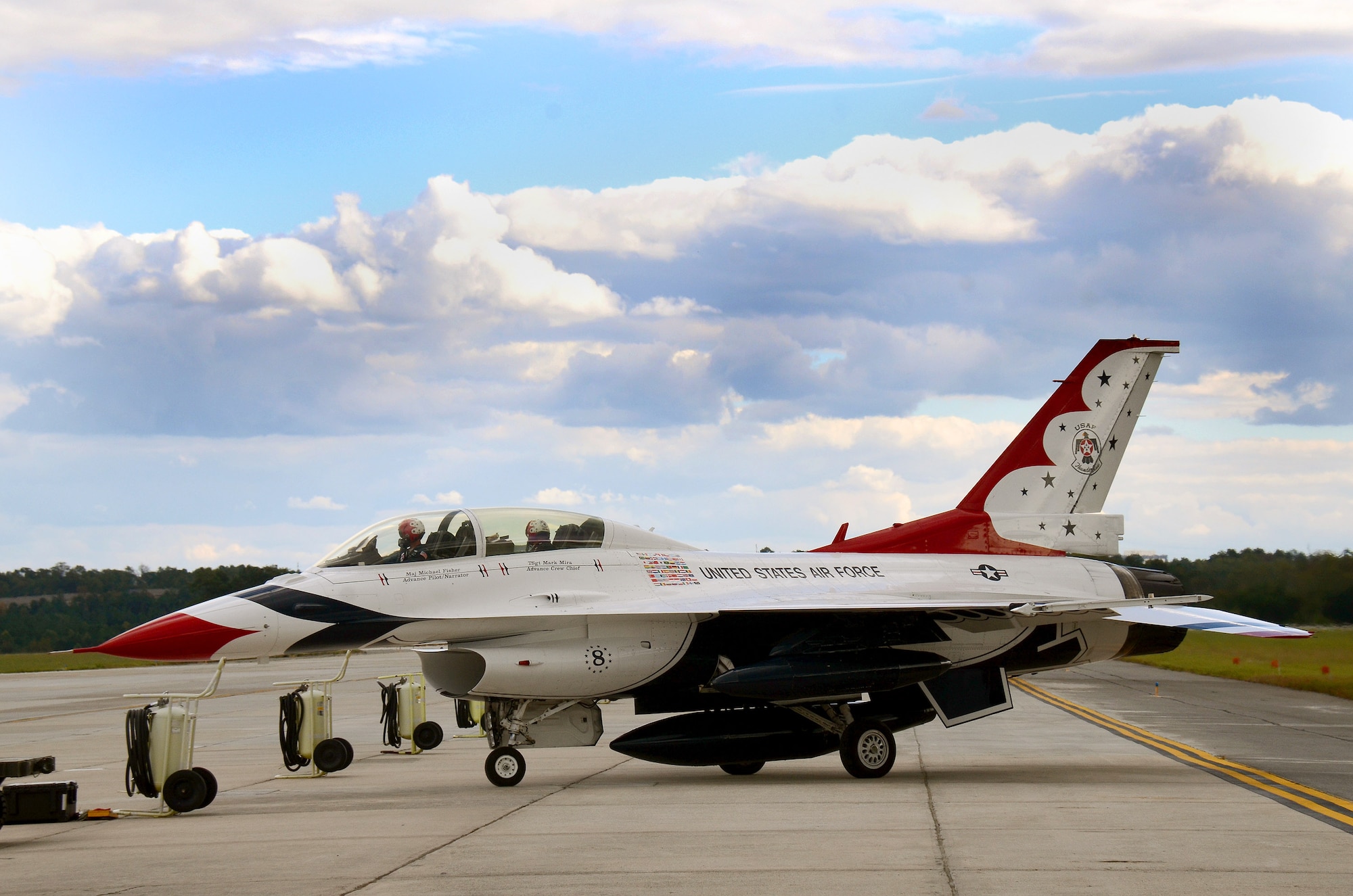 U.S. Air Force Thunderbird Maj. Michael Fisher arrives at Dobbins Air Reserve Base, Ga., Oct., 15 in preparation for the Wings Over North Georgia Airshow in Rome, Ga. Fisher is the advance pilot and narrator for the Air Demonstration Squadron Thunderbirds, who will be conducting hometown hero flights, and performing at the Russell Regional Airport Oct. 18 and 19. (U.S. Air Force photo/Brad Fallin)