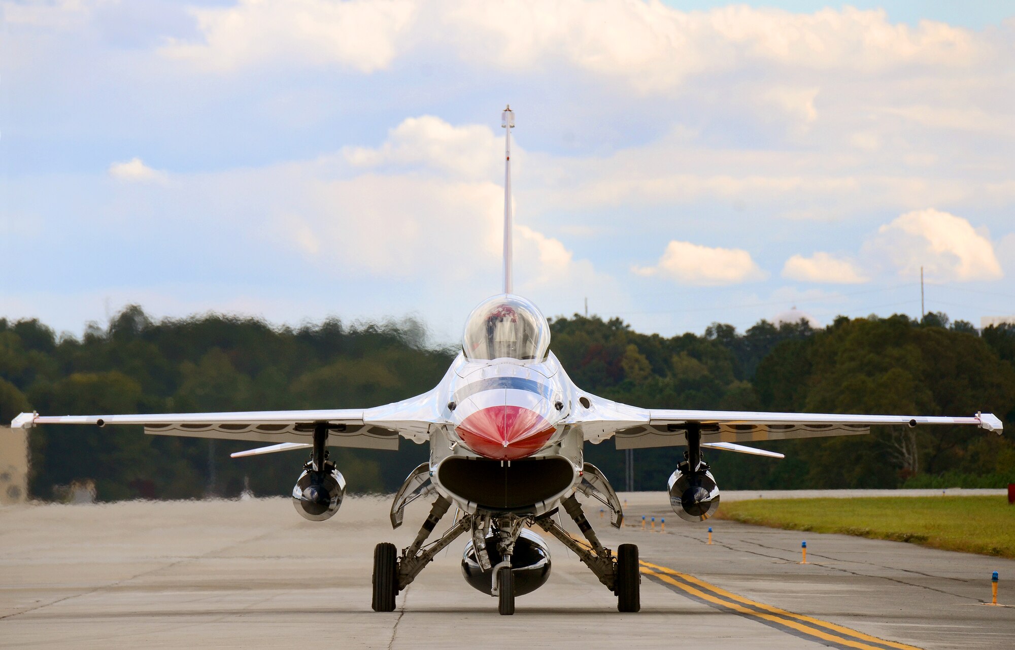 U.S. Air Force Thunderbird Maj. Michael Fisher arrives at Dobbins Air Reserve Base, Ga., Oct., 15 in preparation for the Wings Over North Georgia Airshow in Rome, Ga. Fisher is the advance pilot and narrator for the Air Demonstration Squadron Thunderbirds, who will be conducting hometown hero flights, and performing at the Russell Regional Airport Oct. 18 and 19. (U.S. Air Force photo/Brad Fallin)