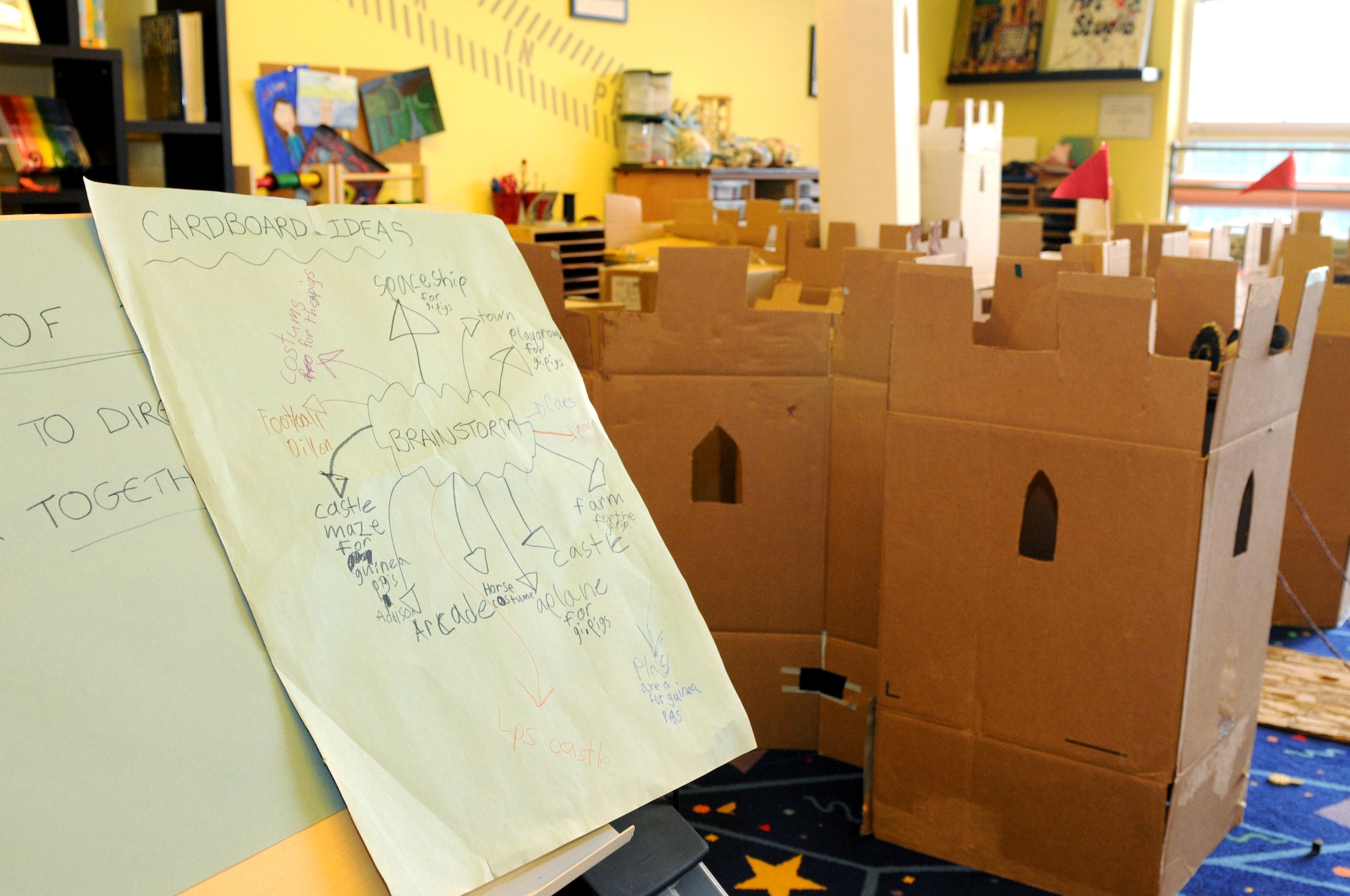 Brainstorming ideas for a cardboard castle are on display Oct. 10, 2014, at the Child Development Center on RAF Mildenhall, England. Children from the CDC created the castle for this year’s Global Cardboard Challenge presented by the Imagination Foundation which encourages children and their communities to build items to mind out of cardboard, recycled materials and their imagination. (U.S. Air Force photo/Senior Airman Kate Maurer/Released)