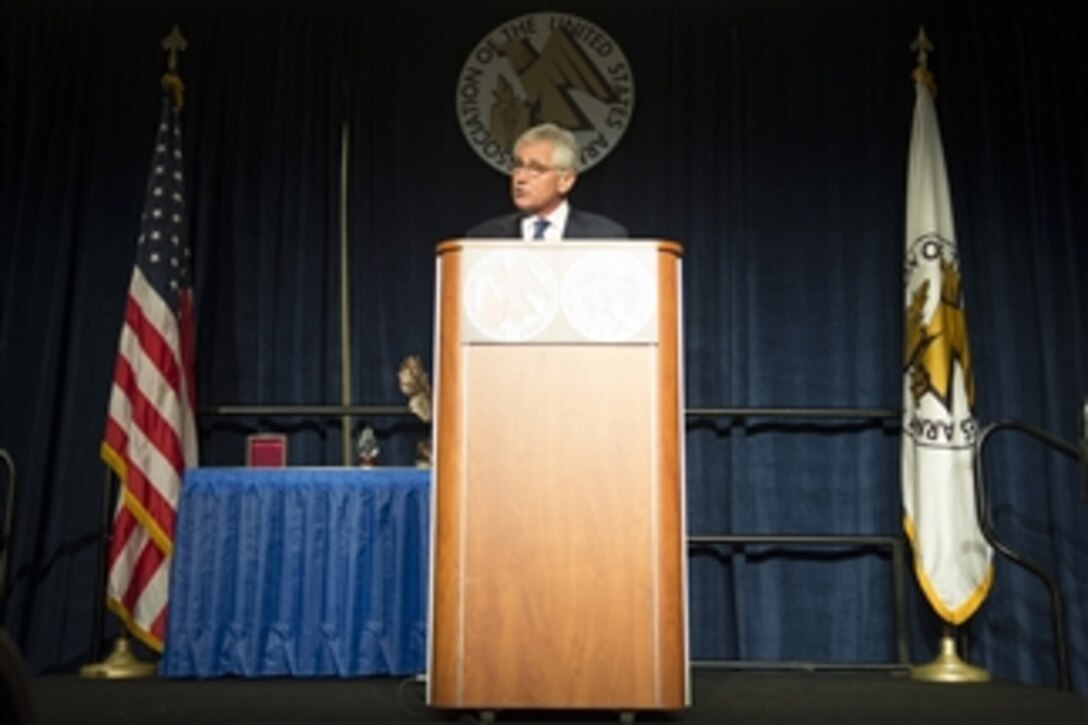 Defense Secretary Chuck Hagel addresses the audience attending the Association of the United States Army Conference at the Walter E. Washington Convention Center in Washington D.C., Oct. 15, 2014. 