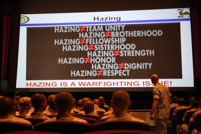 1st Sgt. Bryan E. Campbell, company first sergeant, Echo Company, 2nd Recruit Training, explains to recruits what hazing can do to a unit during a hazing class at Marine Corps Recruit Depot San Diego, Oct. 7. Recruits learned what hazing was, why it happens and what the consequences are for committing the act. 