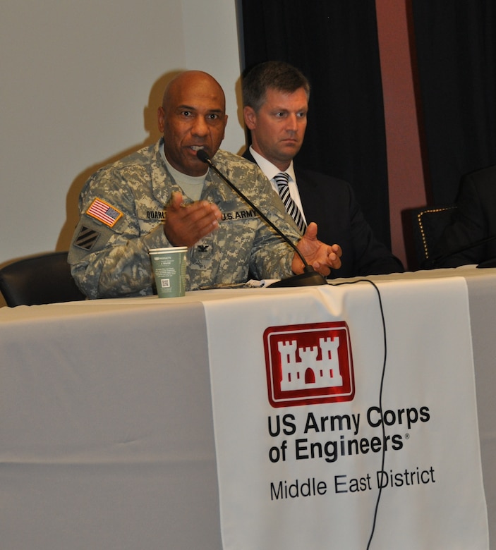 WINCHESTER, Va. - Col. Vincent Quarles, U.S. Army Corps of Engineers, Middle East District commander, answers questions from attendees during the Middle East District Industry Day Oct. 16 in Winchester, Va. 
