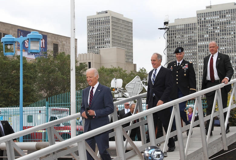 Vice President Joe Biden, Senator Bob Casey, Congressman Bob Brady and Congressman Chaka Fattah were briefed on the Delaware River Main Channel Deepening Project by U.S. Army Corps of Engineers' Philadelphia District Commander Lt. Col. Michael Bliss and chief of Operations Division Tony DePasquale. After the brief, the leaders toured the Dredge 54, owned and operated by Great Lakes Dredge & Dock Company.