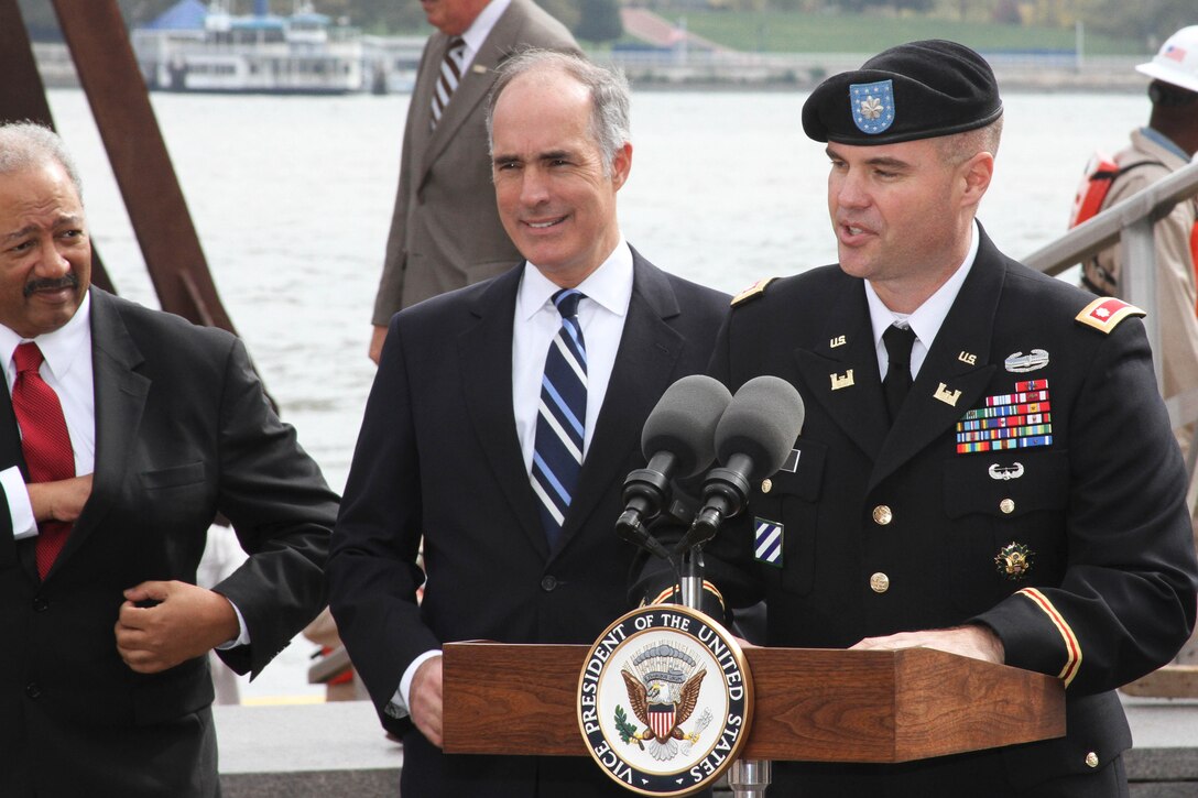 U.S. Army Corps of Engineers Philadelphia District Commander Lt. Col. Michael Bliss briefed Vice President Biden and congressional members on the Delaware River Main Channel Deepening Project during an Oct. 16 event at Penn's Landing in Philadelphia.