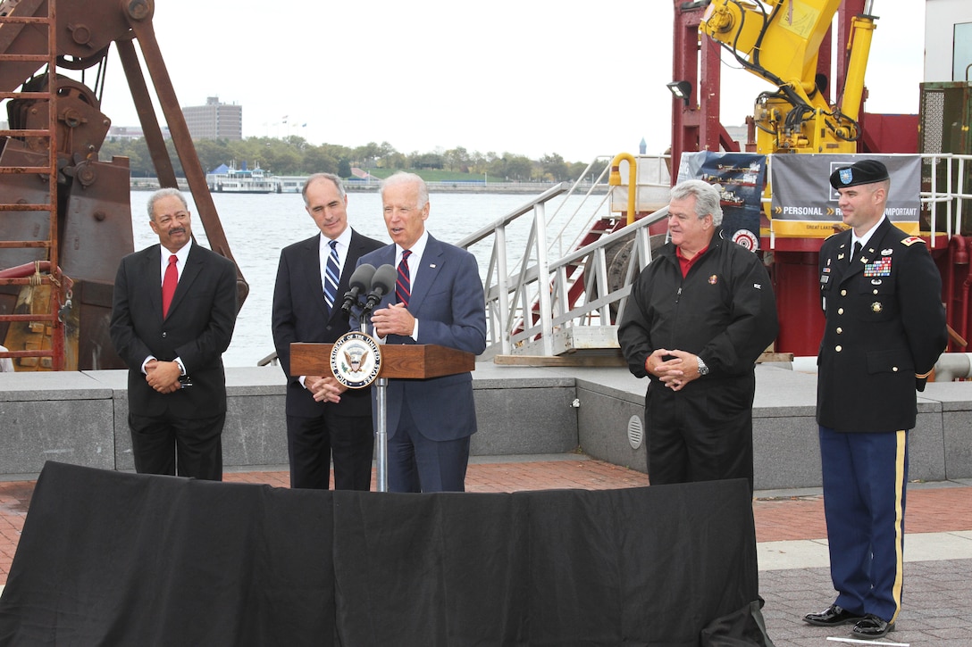 Vice President Joe Biden spoke about the importance of the Delaware River Main Channel Deepening to ports along the Delaware River and the regional and national economy. Congressman Chaka Fattah, Senator Robert P. Casey, Jr., Congressman Robert Brady USACE Philadelphia District U.S. Army Corps of Engineers Commander Lt. Col. Michael Bliss are pictured left to right.