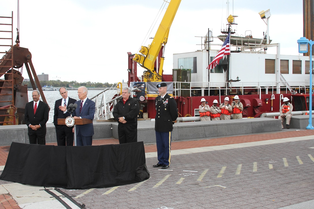 Vice President Joe Biden spoke about the importance of the Delaware River Main Channel Deepening to ports along the Delaware River and the regional and national economy. Congressman Chaka Fattah, Senator Robert P. Casey, Jr., Congressman Robert Brady USACE Philadelphia District U.S. Army Corps of Engineers Commander Lt. Col. Michael Bliss are pictured left to right.