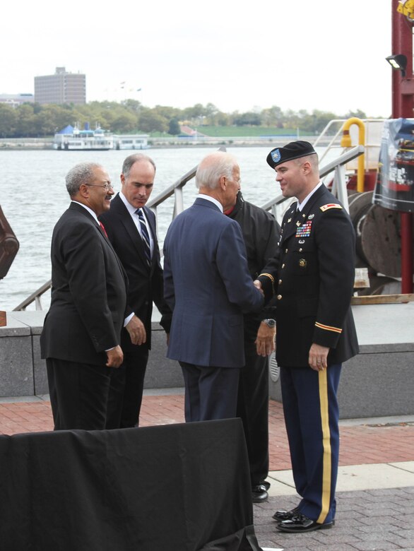 U.S. Army Corps of Engineers' Philadelphia District Commander Lt. Col. Michael Bliss briefed Vice President Biden and congressional members on the Delaware River Main Channel Deepening Project during an Oct. 16 event at Penn's Landing in Philadelphia.