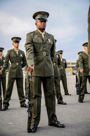 Pvt. Damon K. Meeks, Platoon 3250, Lima Company, 3rd Recruit Training Battalion, keeps his bearing during the Battalion Commander’s Inspection aboard Marine Corps Recruit Depot San Diego, Calif., Oct. 14.  Meeks overcame the challenges of living in a troubled neighborhood to become a part of the Marine Corps brotherhood.