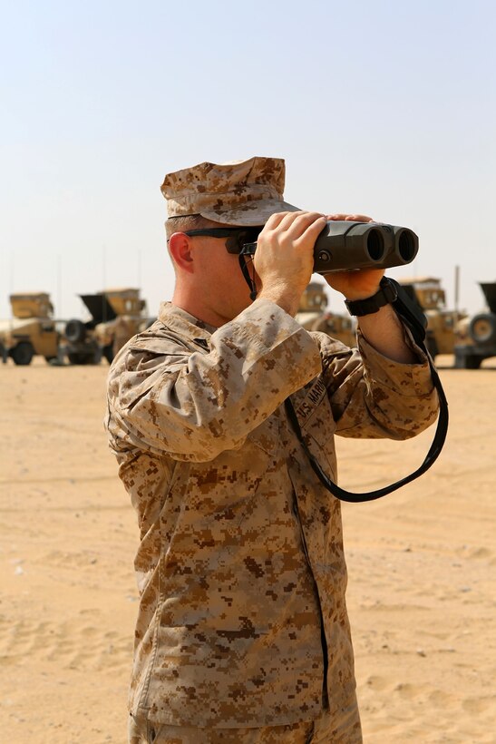 Cpl. Jacob Clark, a forward observer with Golf Company, Battalion Landing Team 2nd Battalion, 1st Marines, 11th Marine Expeditionary Unit (MEU), practices his ability to calibrate a Vector optics system, Oct. 12. The 11th MEU is deployed with the Makin Island Amphibious Ready Group and maintains its readiness to promote long-term regional security by conducting regularly scheduled, recurring training in the U.S. 5th Fleet area of responsibility. (U.S. Marine Corps photo by Sgt. Melissa Wenger/ Released)