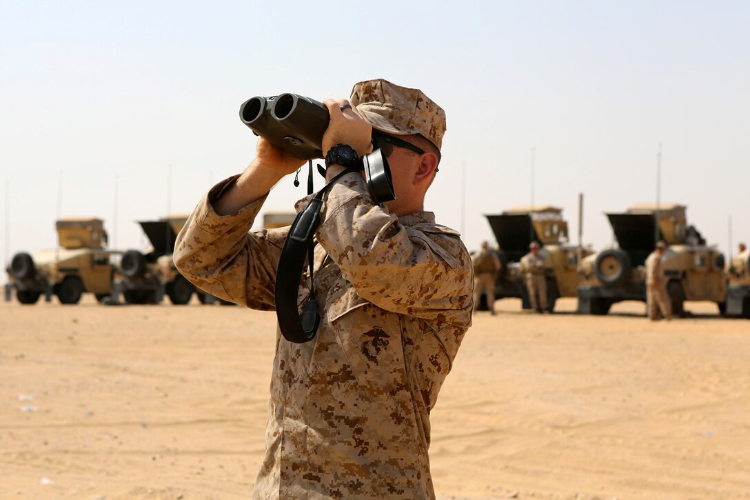 Cpl. Jacob Clark, a forward observer with Golf Company, Battalion Landing Team 2nd Battalion, 1st Marines, 11th Marine Expeditionary Unit (MEU), practices his ability to calibrate a Vector optics system, Oct. 12. The 11th MEU is deployed with the Makin Island Amphibious Ready Group and maintains its readiness to promote long-term regional security by conducting regularly scheduled, recurring training in the U.S. 5th Fleet area of responsibility. (U.S. Marine Corps photo by Sgt. Melissa Wenger/ Released)