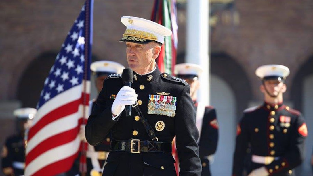 General Joseph F. Dunford, Jr., speaks to the attendees of the change of command ceremony Oct. 17, 2014 at Marine Corps Barracks Washington, D.C. After more than 44 years of military service, Gen. James F. Amos, the 35th Commandant of the Marine Corps passed the duties as senior-ranking officer of the Marine Corps to Dunford, who has now become the 36th Commandant of the Marine Corps.