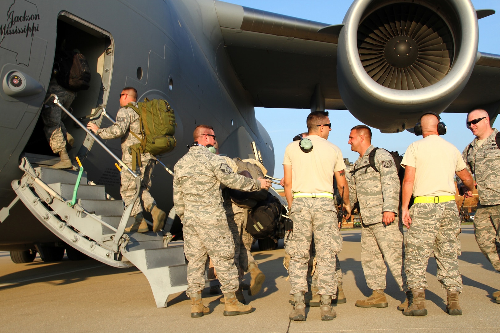 Airmen with the 123rd Contingency Response Group prepare for their deployment to West Africa from the Kentucky Air National Guard Base in Louisville, Ky., Oct. 2, 2014. The Guardsmen are working to set up a logistics hub in support of Operation United Assistance. 