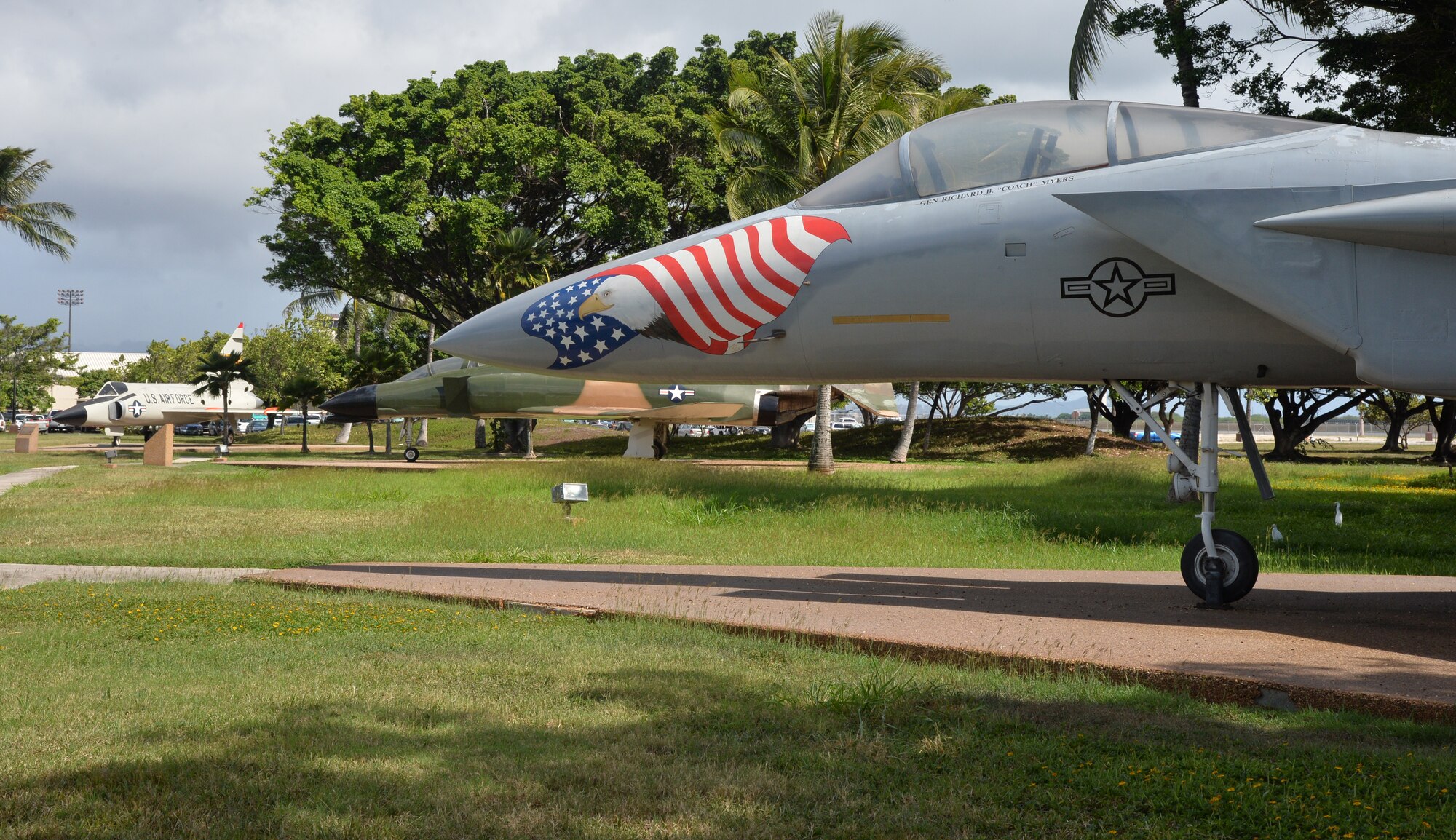 Historic aircraft static displays provide a look into Hickam's past at Heritage Park on O'Malley Boulevard Oct. 17, 2014 at Joint Base Pearl Harbor-Hickam, Hawaii. All four aircraft are about to undergo a major restoration beginning Oct. 20. (U.S. Air Force photo by Staff Sgt. Alexander Martinez) 