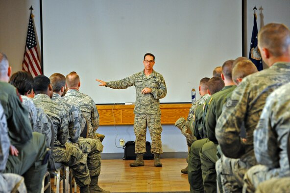 Chief Master Sgt. Roger Towberman, 25th Air Force command chief, answers questions from enlisted members during his visit to the 9th Reconnaissance Wing at Beale Air Force Base, Calif., Oct. 16, 2014. Towberman and Maj. Gen. John Shanahan, 25th AF commander, visited Beale for the first time since the Sept. 29 re-alignment of the 9th RW to the 25th AF. (U.S. Air Force photo by Airman 1st Class Ramon A. Adelan/Released)