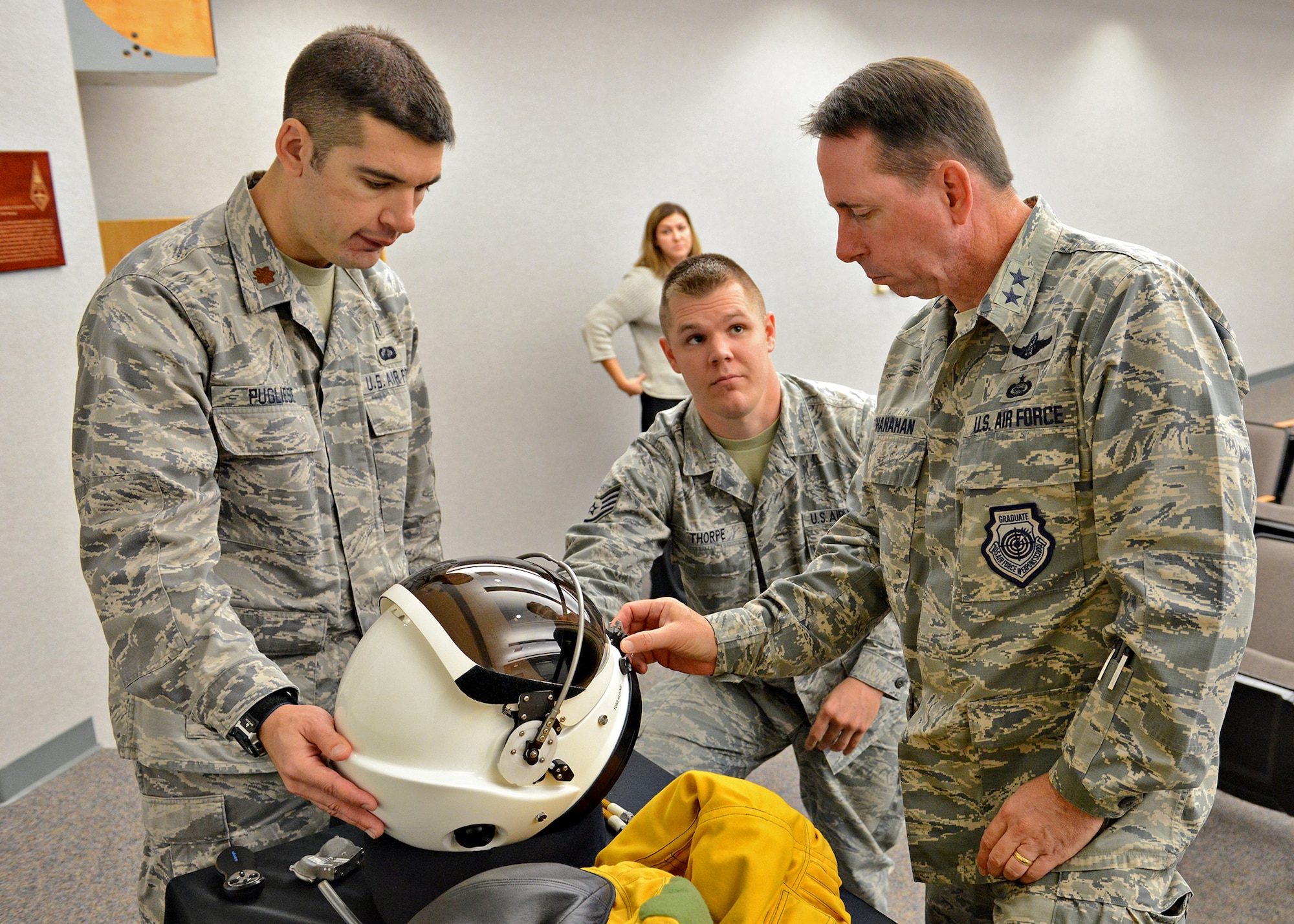 Maj. Gen. John Shanahan, 25th Air Force commander, visits the 9th Physiological Support Squadron during his visit to Beale Air Force Base, Calif., Oct. 15, 2014. Shanahan was briefed on the pressure suit as part of preparation before the general received a flight in the U-2 Dragon Lady. (U.S Air Force photo by John Schwab/Released)