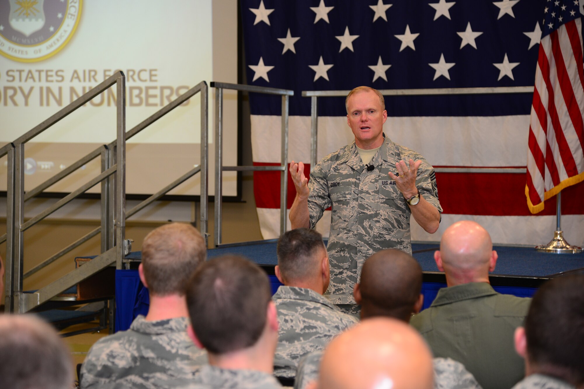 VANCE AIR FORCE BASE, Okla. – Chief Master Sgt. of the Air Force James Cody, speaks to Vance Airmen during an Airmen’s Call at the Armed Forces Reserve Center Oct 13. Cody spent two days at Vance visiting work centers, meeting with base leadership, and thanking Enid community leaders. (U.S. Air Force photo/Senior Airman Frank Casciotta) 