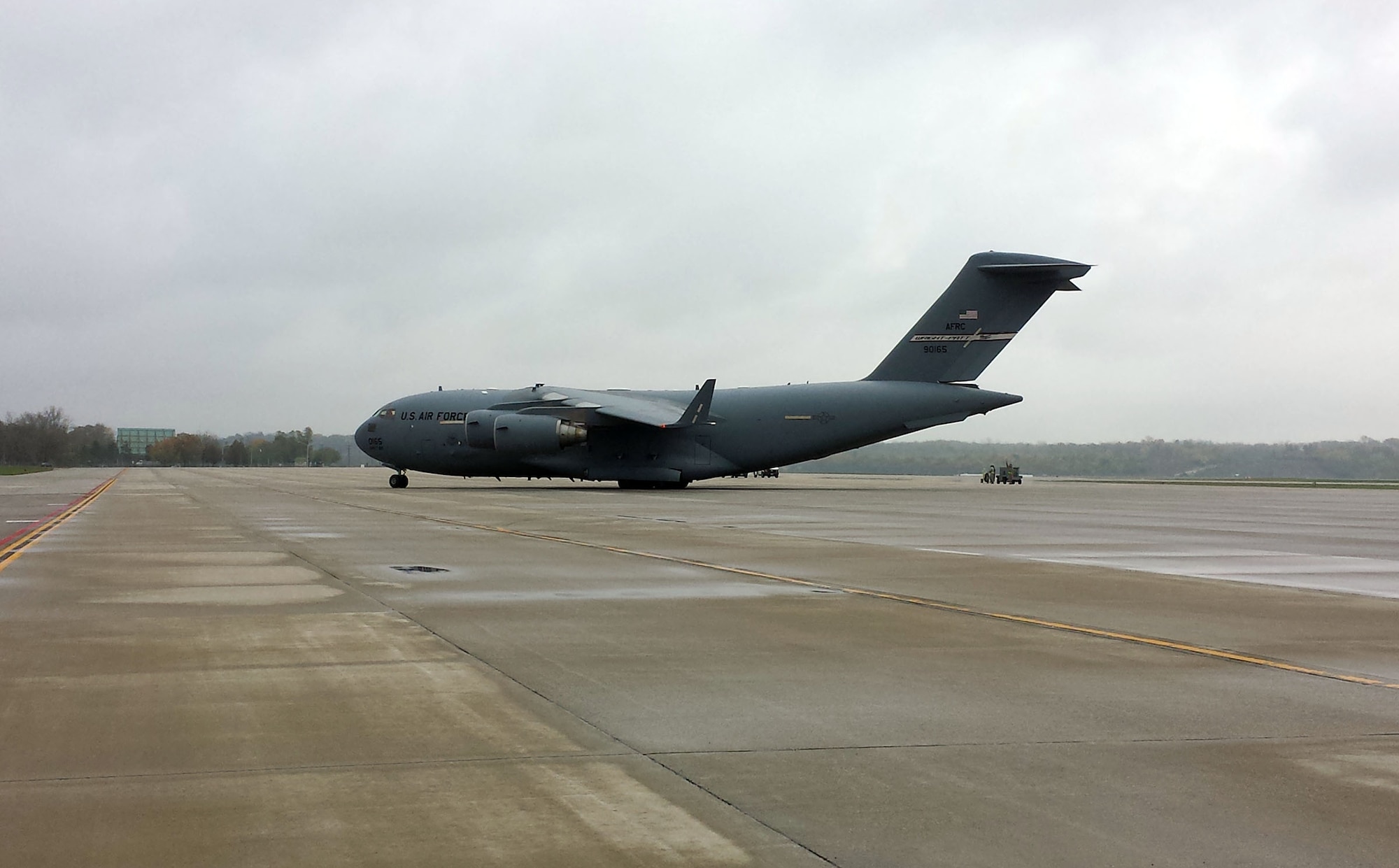 WRIGHT-PATTERSON AIR FORCE BASE, Ohio - A 445th Airlift Wing C-17 Globemaster III prepares to depart Wright-Patterson AFB, Ohio, Oct. 16, 2014 to deliver cargo in support of Ebola stricken regions of West Africa. (U.S. Air Force photo/Lt. Col. Cynthia Harris)