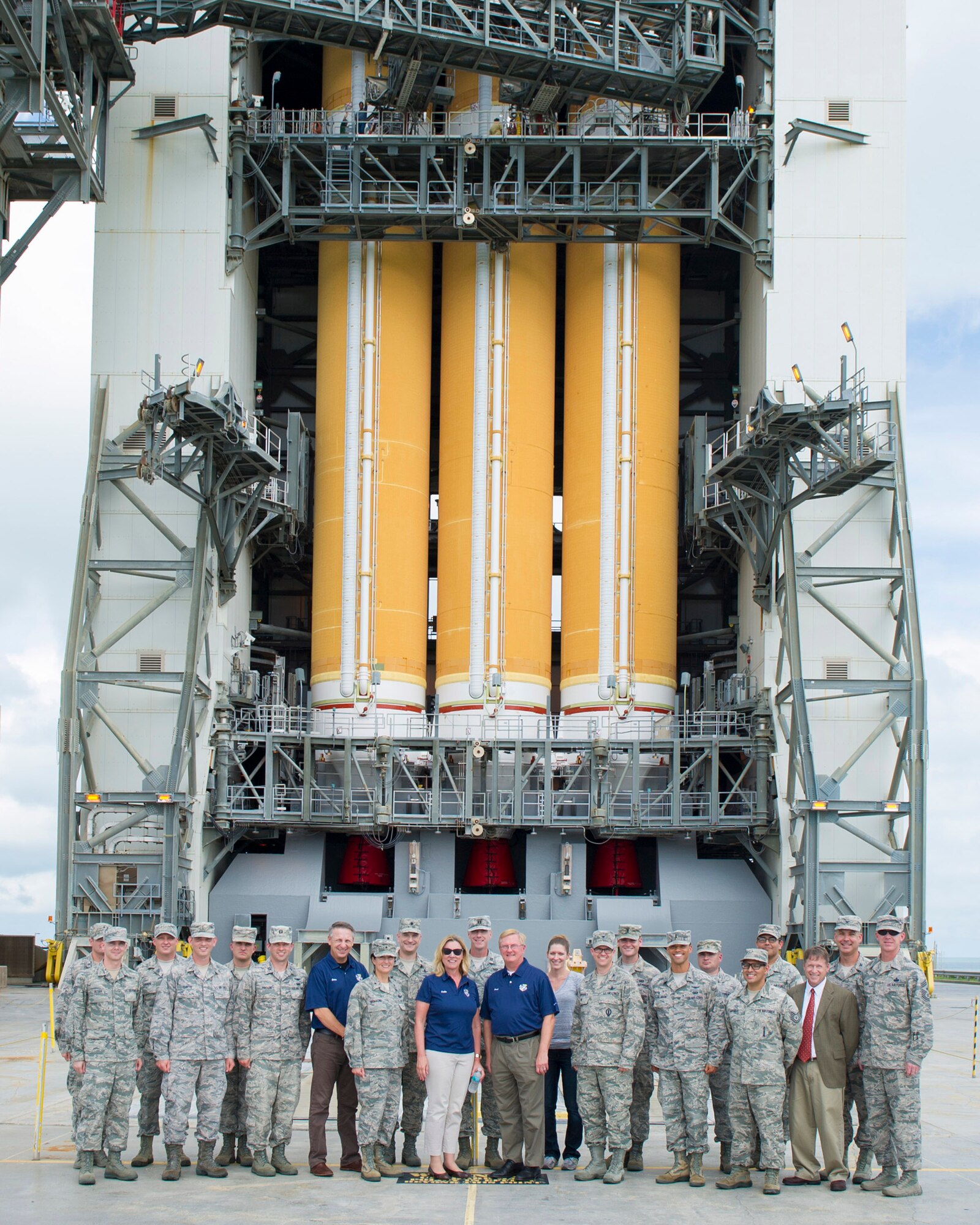 Secretary of the Air Force Deborah Lee James and Team Patrick-Cape members pose for a photo outside of Space Launch Complex 37 during a visit to Cape Canaveral Air Force Station, Fla., Oct. 15, 2014.  The daylong visit included all Air Force launch assets on the Eastern Range and concluded with a windshield tour of NASA’s Kennedy Space Center. (U.S. Air Force photo/Matthew Jurgens)