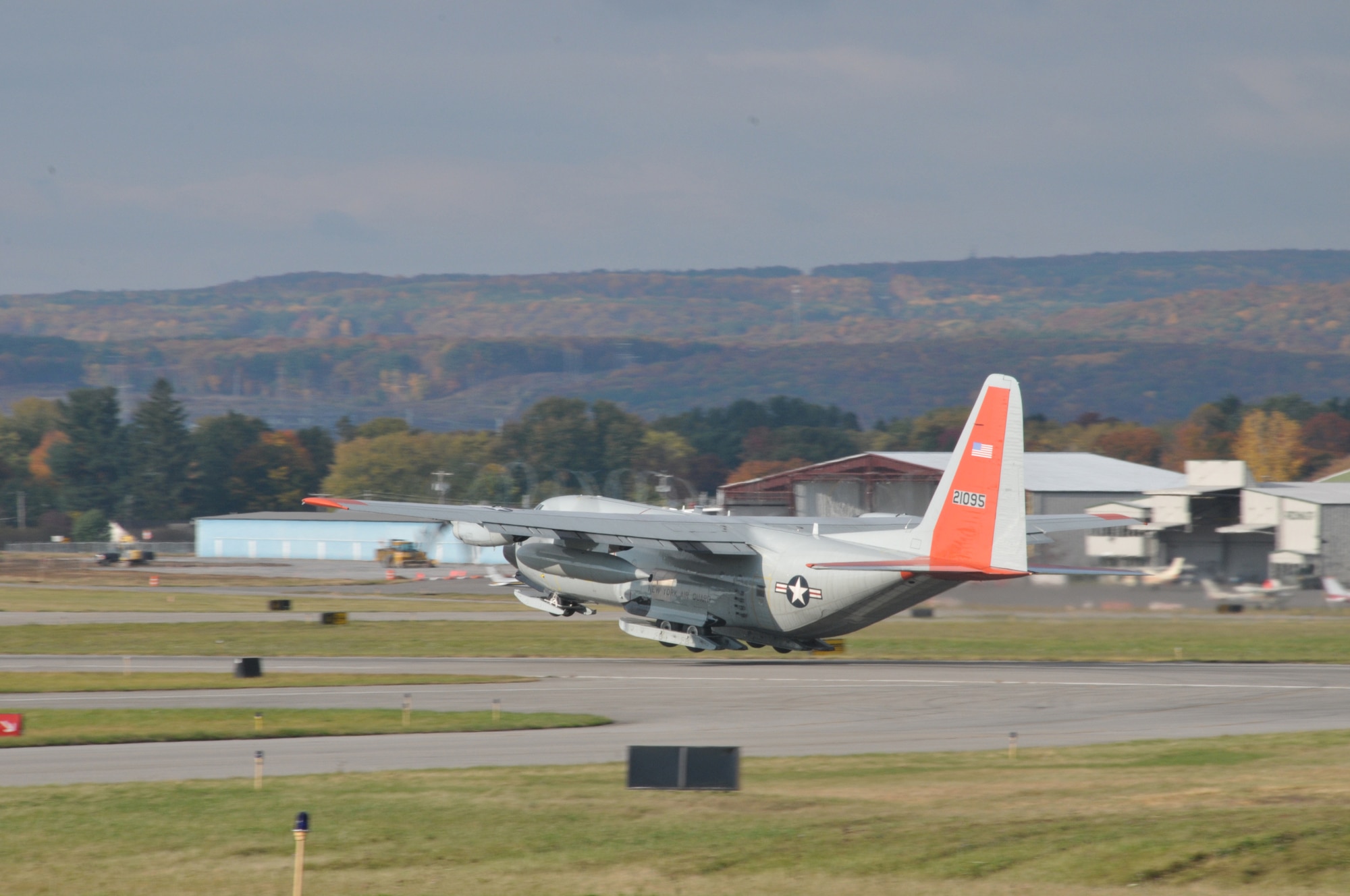 An LC-130 Hercules with the 109th Airlift Wing takes off from Stratton Air National Guard Base, Scotia, New York, on Oct. 17, 2014. The aircraft is headed to Antarctica for the Wing's 27th year participating in Operation Deep Freeze in support of the National Science Foundation. The 109th AW boasts the U.S. military's only ski-equipped aircraft, which has been supporting the NSF's South Pole research since 1988. (U.S. Air National Guard photo by Master Sgt. William Gizara/Released)