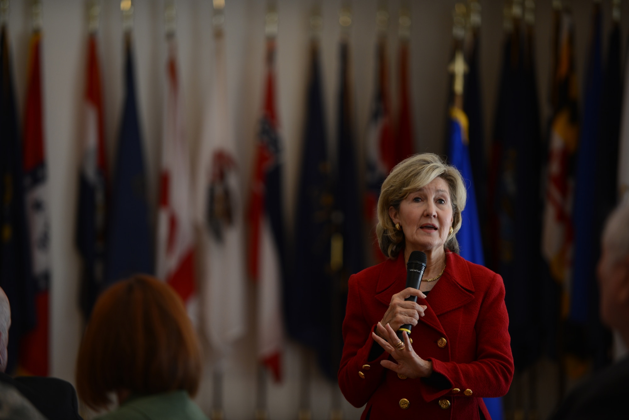 Kay Bailey Hutchison, former U.S. senator, speaks at the Abilene Chamber of Commerce Military Affairs Committee (MAC) luncheon held in her honor Oct. 15, 2014, at Dyess Air Force Base, Texas. The MAC hosted the luncheon to recognize Hutchison for her 20 years of support to Team Dyess while representing Texas in the U.S. Senate from 1993-2013. (U.S. Air Force photo by Airman 1st Class Kedesha Pennant/Released)