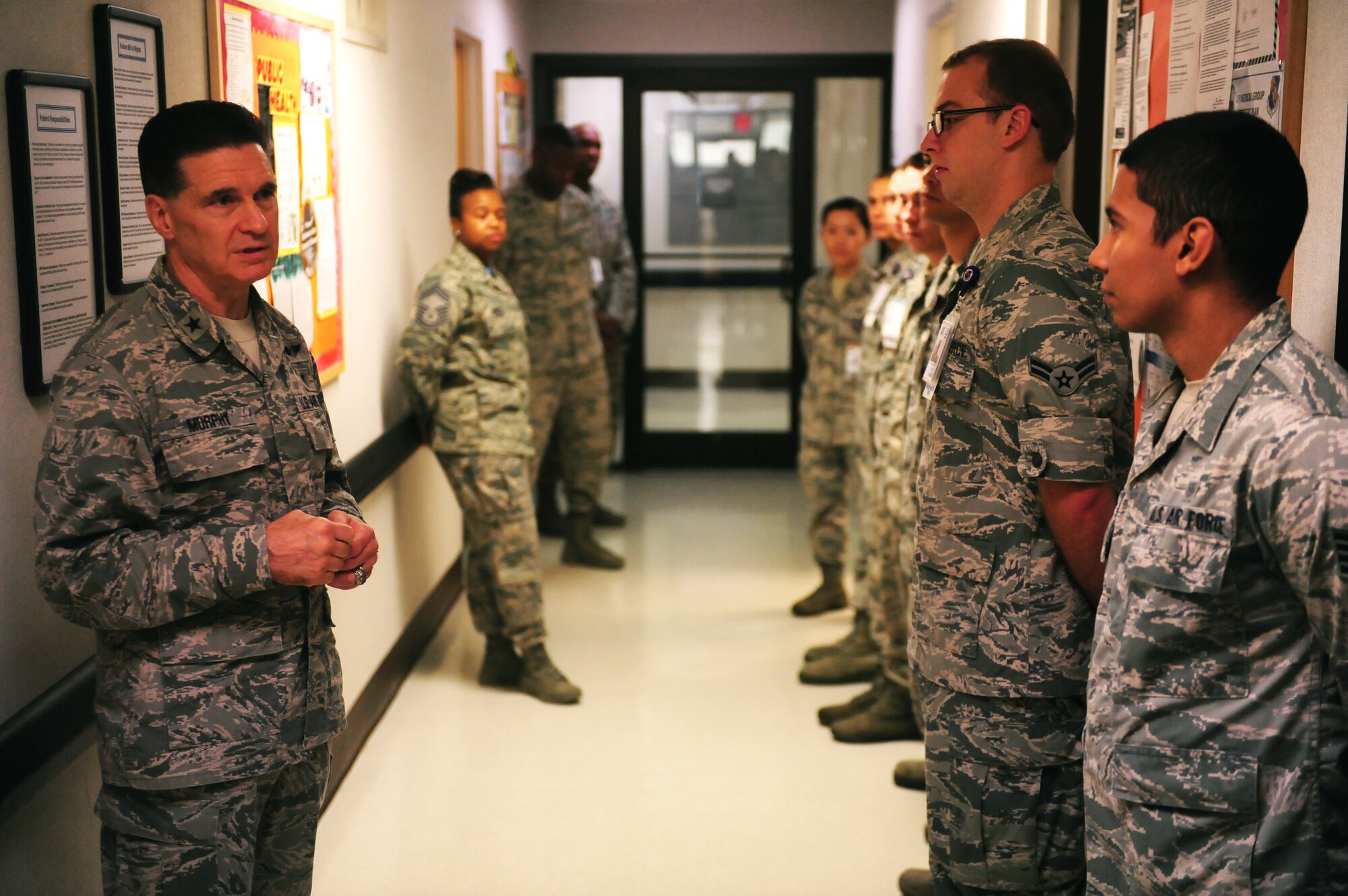 Brig Gen. (Dr.) Sean Murphy, the command surgeon at Air Combat Command, addresses members of the 4th Medical Group’s Public Health Clinic during his orientation tour Oct. 17, 2014, at Seymour Johnson North Carolina. Murphy took the time to interact with the Airmen assigned to the 4th MDG and received several briefings on future upgrades to the facility. (U.S. Air Force photo/Airman 1st Class Brittain Crolley)