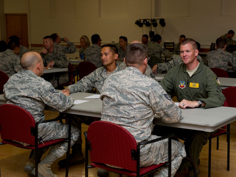 Lieutenant Col. Emil Gawaran, 49th Comptroller Squadron commander, and Senior Master Sgt. James Howard, 9th Attack Squadron superintendent, mentor airmen at a Holloman Middle Two event held in the Community Activity Center at Holloman Air Force Base, N.M., Oct. 14. The event called Speed Mentoring, is held quarterly for Airmen to sit down with selected Holloman officers and senior enlisted members so they can share their wisdom advice, and opinions on our ever-changing Air Force. They were also available to answer any questions Airmen have regarding their careers or personal experiences. The event hosted over 24 mentors, stationed at different tables, spending three minutes with each Airmen. At the sound of the timer the airmen switched tables and met with a new mentor.  “Any opportunity our folks have to talk to senior leadership is important,” said Col. Robert Kiebler, 49th Wing commander. “It gives them not just insight on leadership techniques, but also how they look at the Air Force and its core values.”  The Holloman Middle Two origination is a professional group open to all Air Force staff and technical sergeants assigned to Holloman. (U.S. Air Force photo by Senior Airman Leah Ferrante/Released)