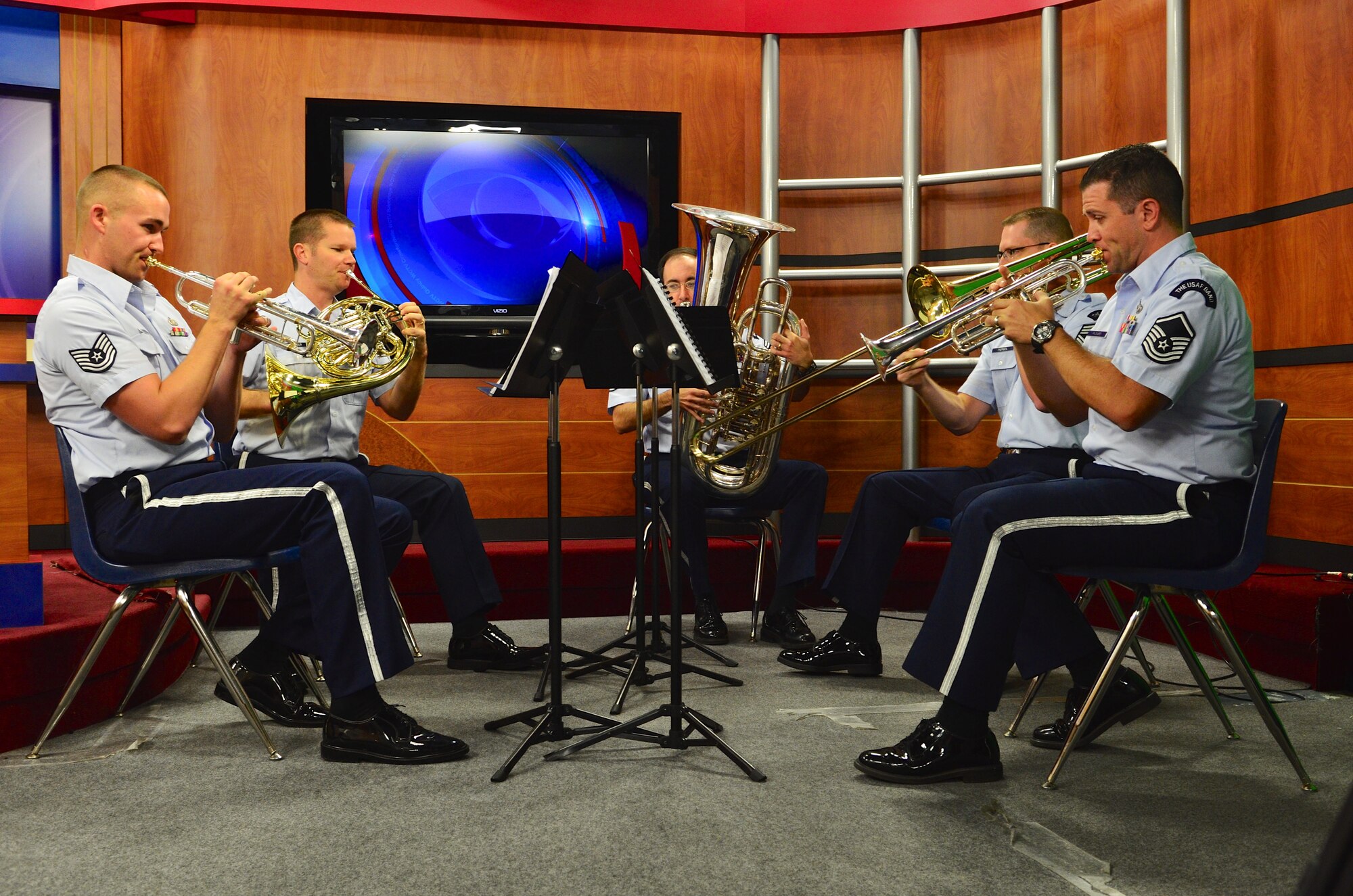 A Brass Quintet from The U.S. Air Force Band performs for more than 21,000 viewers on WCTV’s “Good Morning Show” live broadcast in Tallahassee, Florida on Thursday, Oct. 16. (U.S. Air Force photo by Senior Master Sgt. Bob Kamholz/released)