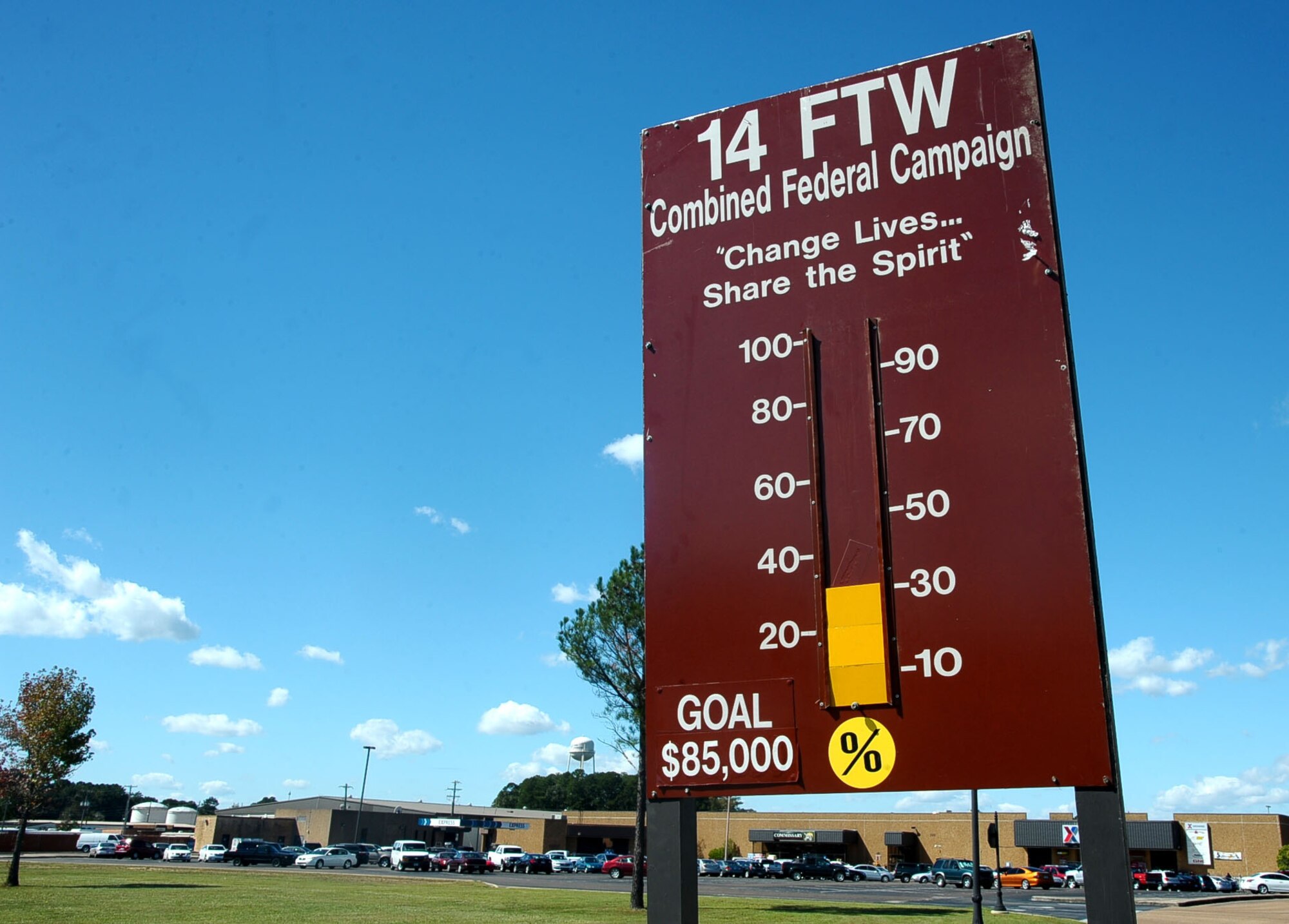 A sign near the main gate displays the Oct. 15 status of the Columbus Air Force Base Combined Federal Campaign, which runs Oct. 1-31. The base has raised over $28,000, which is more than 30 percent of its goal of $85,000. (U.S. Air Force photo/Senior Airman Kaleb Snay)