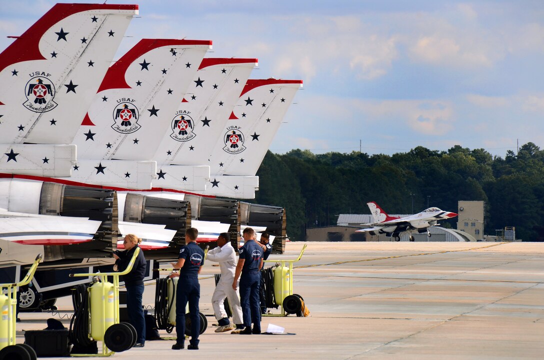A Thunderbird touches down at Dobbins Air Reserve Base, Ga., Oct. 16, 2014. The U.S. Air Force Air Demonstration Squadron Thunderbirds will be performing this weekend at the Russell Regional Airport in Rome, Ga. (U.S. Air Force photo/Brad Fallin/Released)