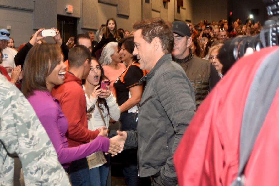 Robert Downey Jr., greets viewers of his film at the Wright-Patterson Air Force Base, Ohio, base theater, Oct. 05, 2014, . The event was made possible by the Motion Pictures Program Office of the Army/Air Force Exchange Service. (Air Force photo by Wes Farnsworth)
