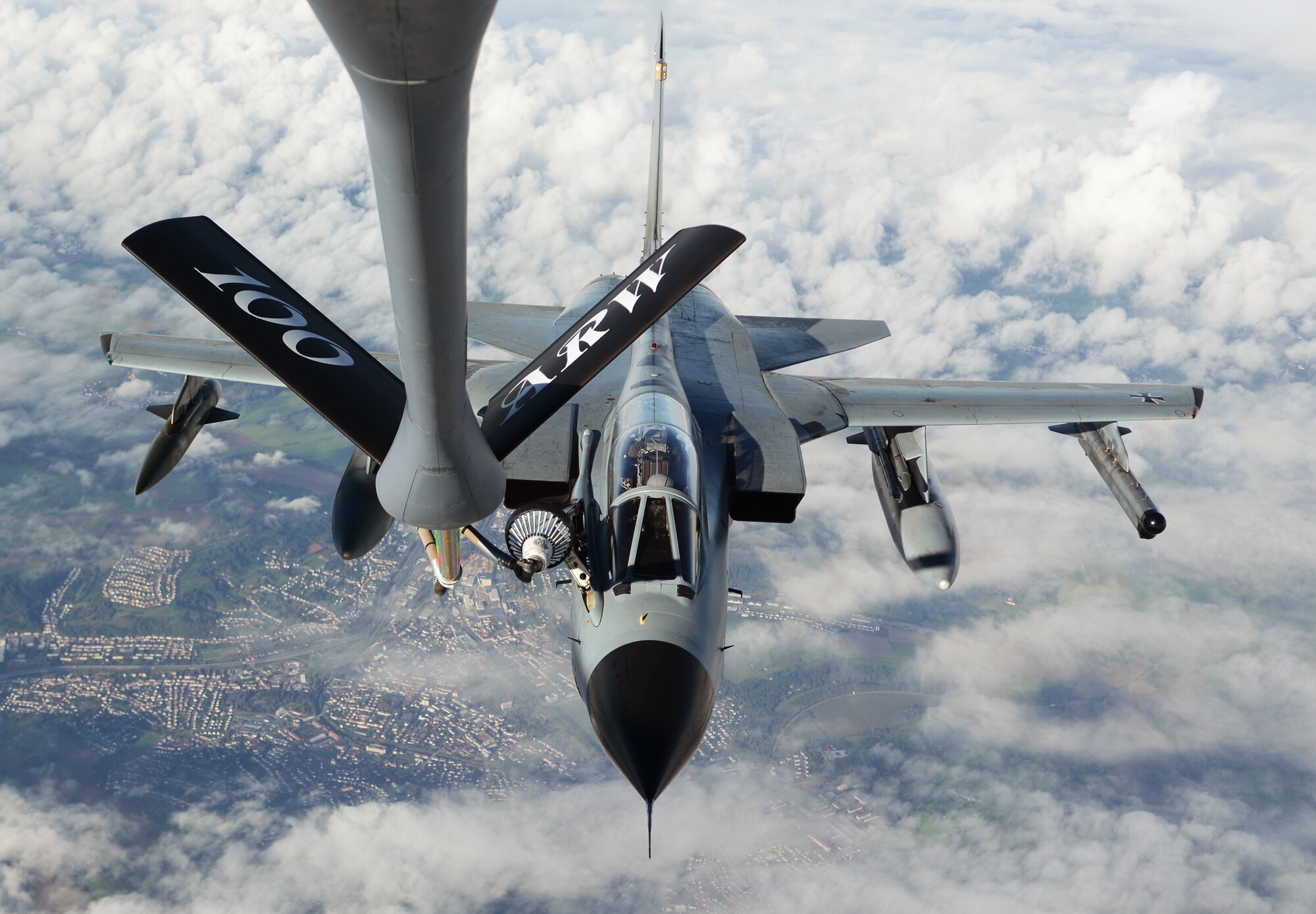 A German Luftwaffe Tornado takes on fuel from a KC-135 Stratotanker Oct. 14, 2014, over Germany. Since the beginning of fiscal year 2015, RAF Mildenhall has offloaded more than 2.1 million pounds of fuel to receivers. (U.S. Air Force photo/Airman 1st Class Dillon Johnston/Released)