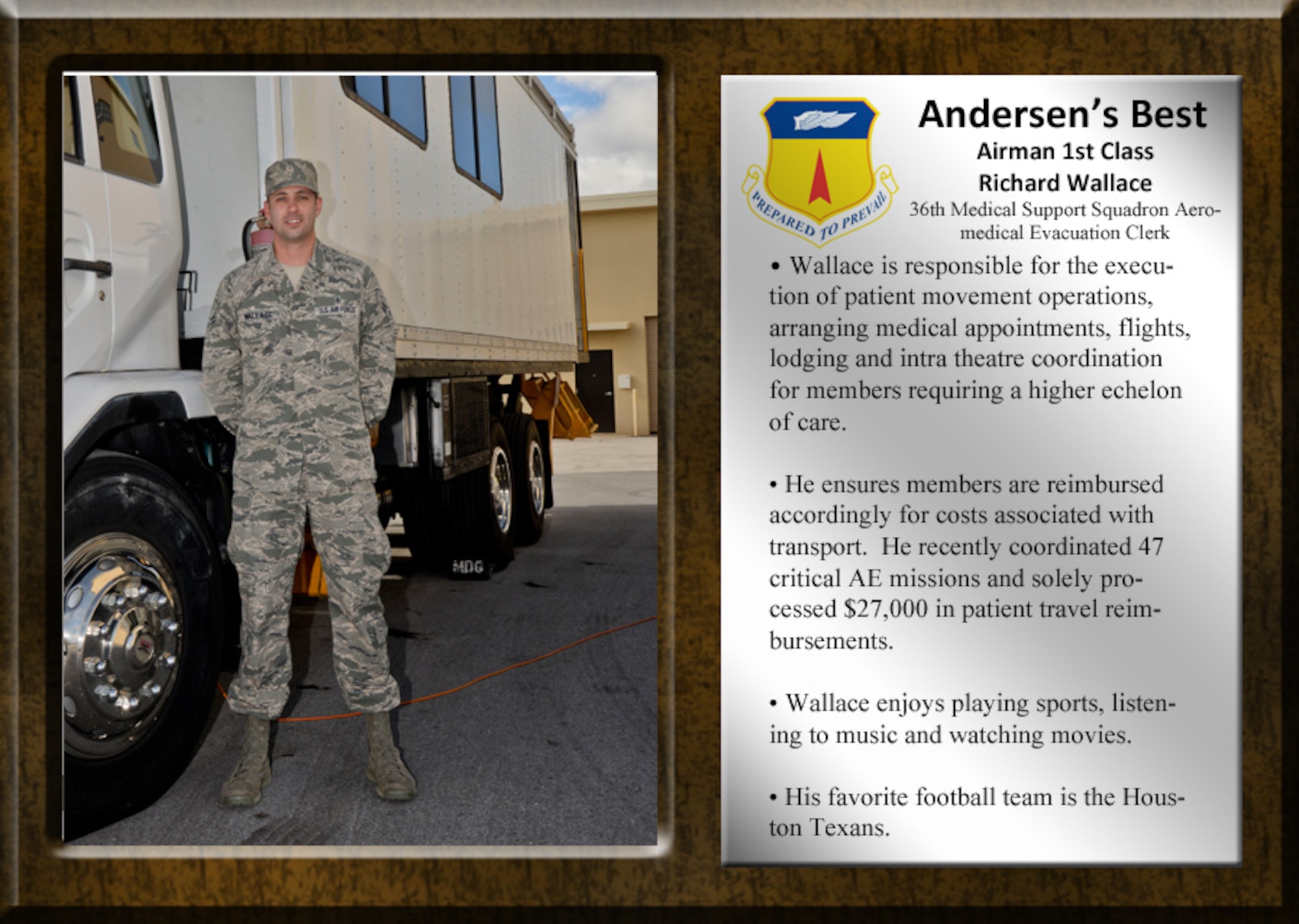 This week Team Andersen's Best is Airman 1st Class Richard Wallace, 36th Medical Support Squadron Aeromedical Evacuation Clerk. Wallace is responsible for the execution of patient movement operations, arranging medical appointments, flights, lodging and intra theatre coordination for members requiring a higher echelon of care. (U.S. Air Force graphic by Staff Sgt. Robert Hicks/Released)
 